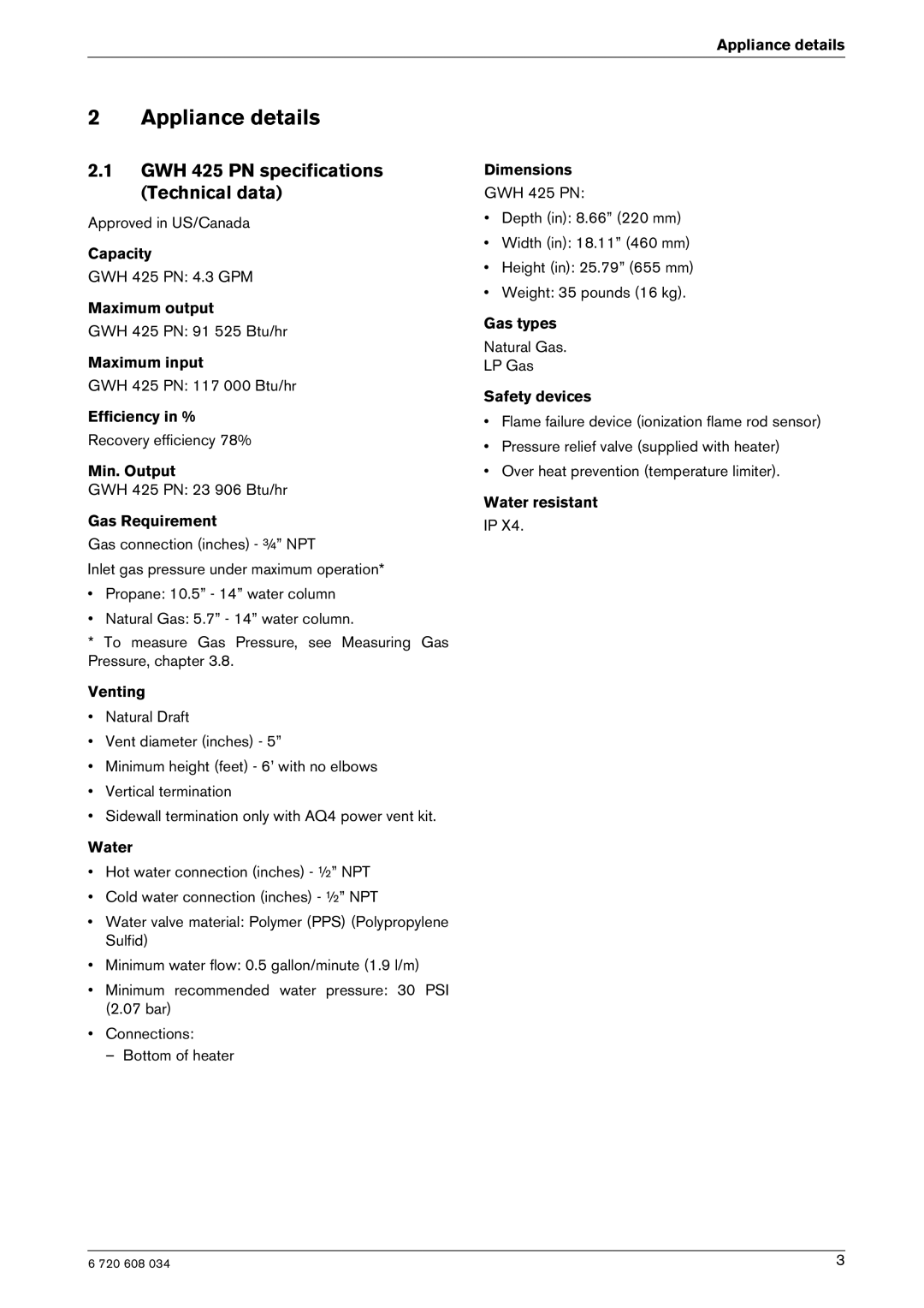 Bosch Appliances Model GWH 425 manual Appliance details, GWH 425 PN specifications Technical data 