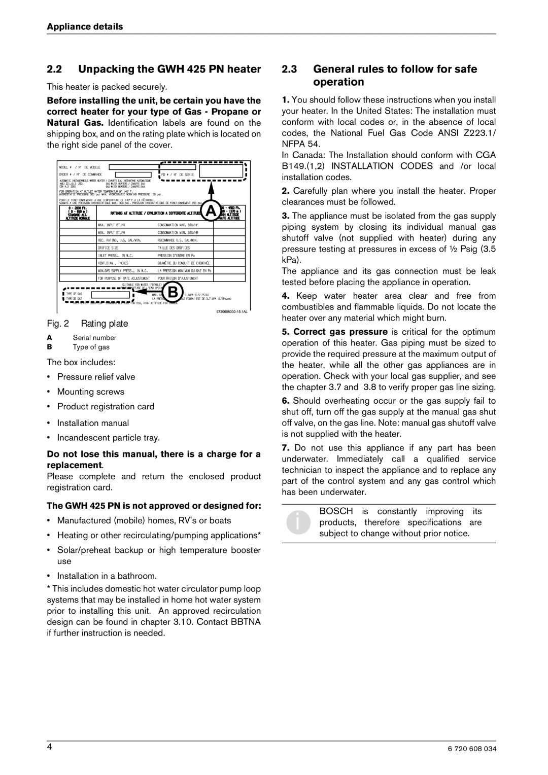 Bosch Appliances Model GWH 425 manual Unpacking the GWH 425 PN heater, General rules to follow for safe operation 