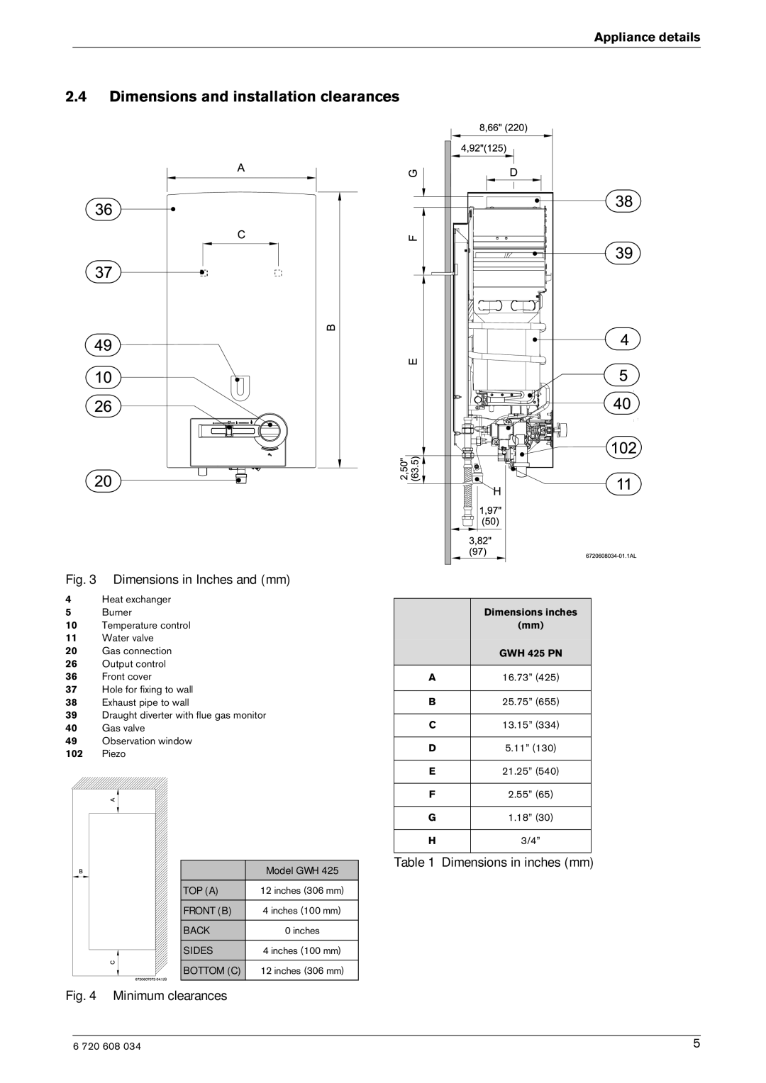 Bosch Appliances Model GWH 425 manual Dimensions and installation clearances, Dimensions in Inches and mm 