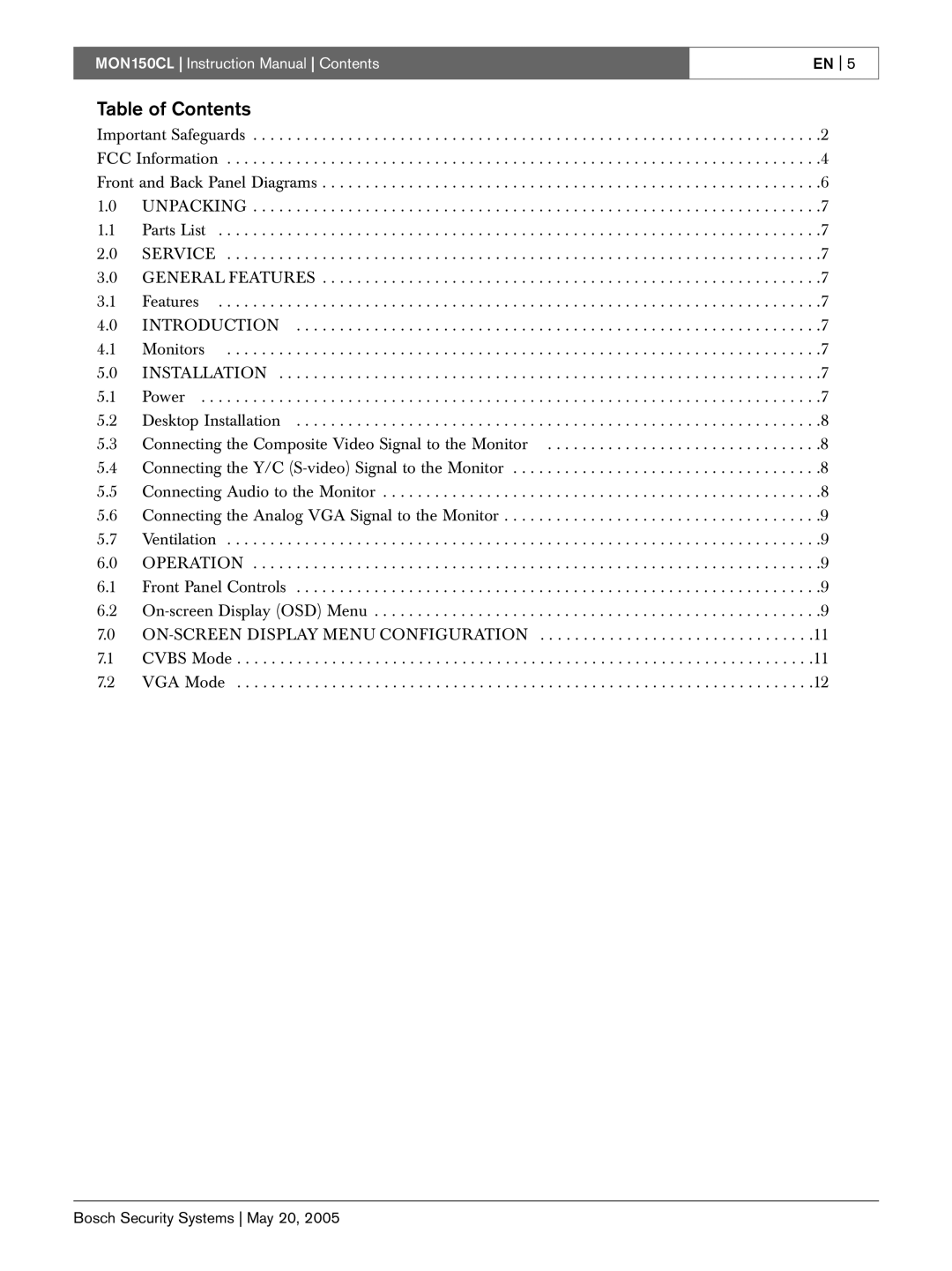 Bosch Appliances MON150CL instruction manual Table of Contents 