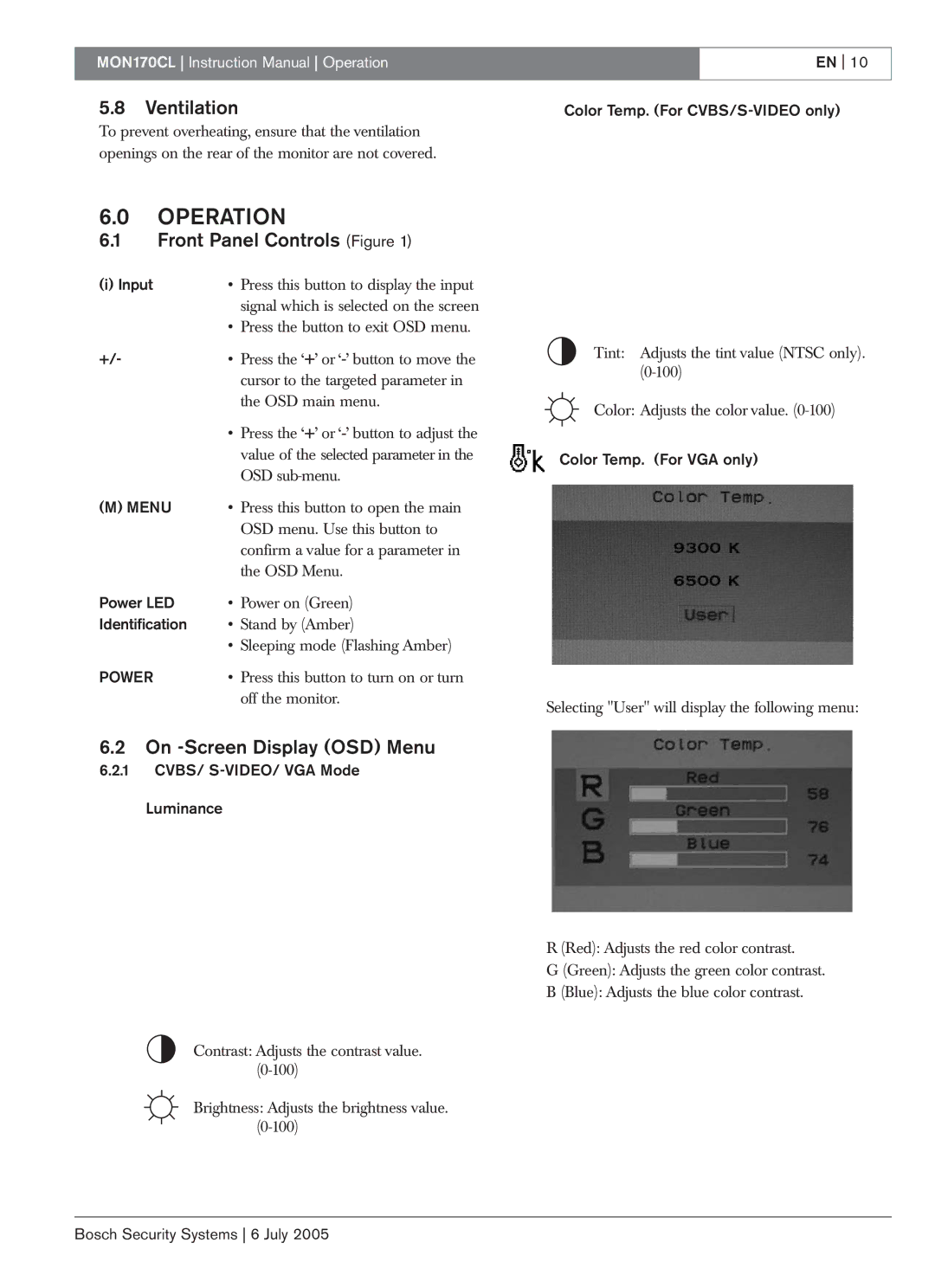 Bosch Appliances MON170CL instruction manual Ventilation, Front Panel Controls Figure, On -Screen Display OSD Menu 