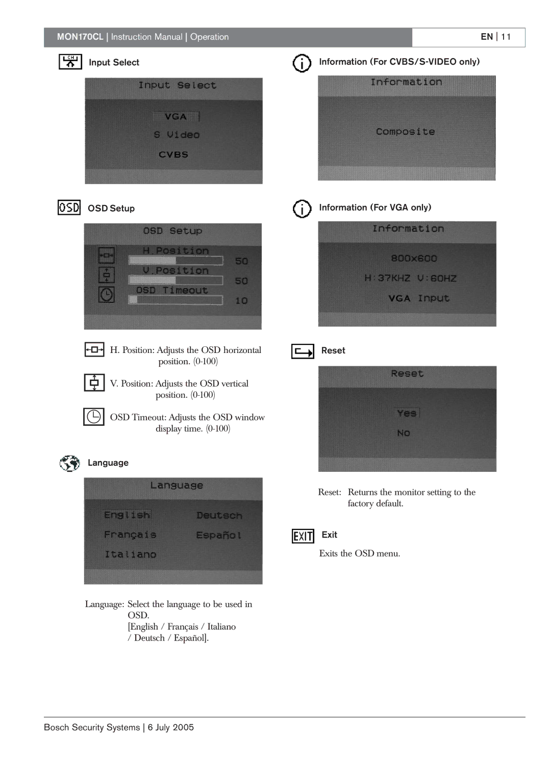 Bosch Appliances MON170CL instruction manual Exit 