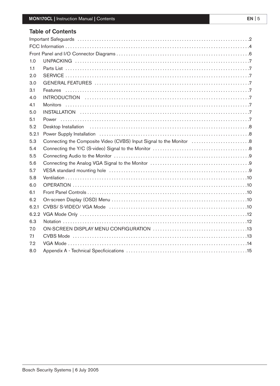 Bosch Appliances MON170CL instruction manual Table of Contents 