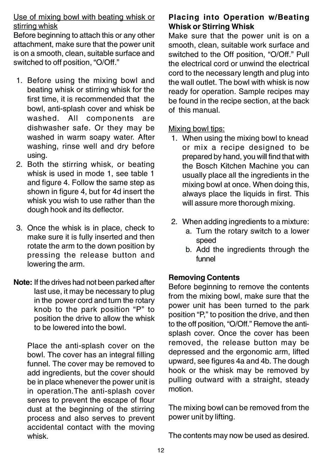 Bosch Appliances MUM 4635 UC, MUM 4620 UC Placing into Operation w/Beating Whisk or Stirring Whisk, Removing Contents 