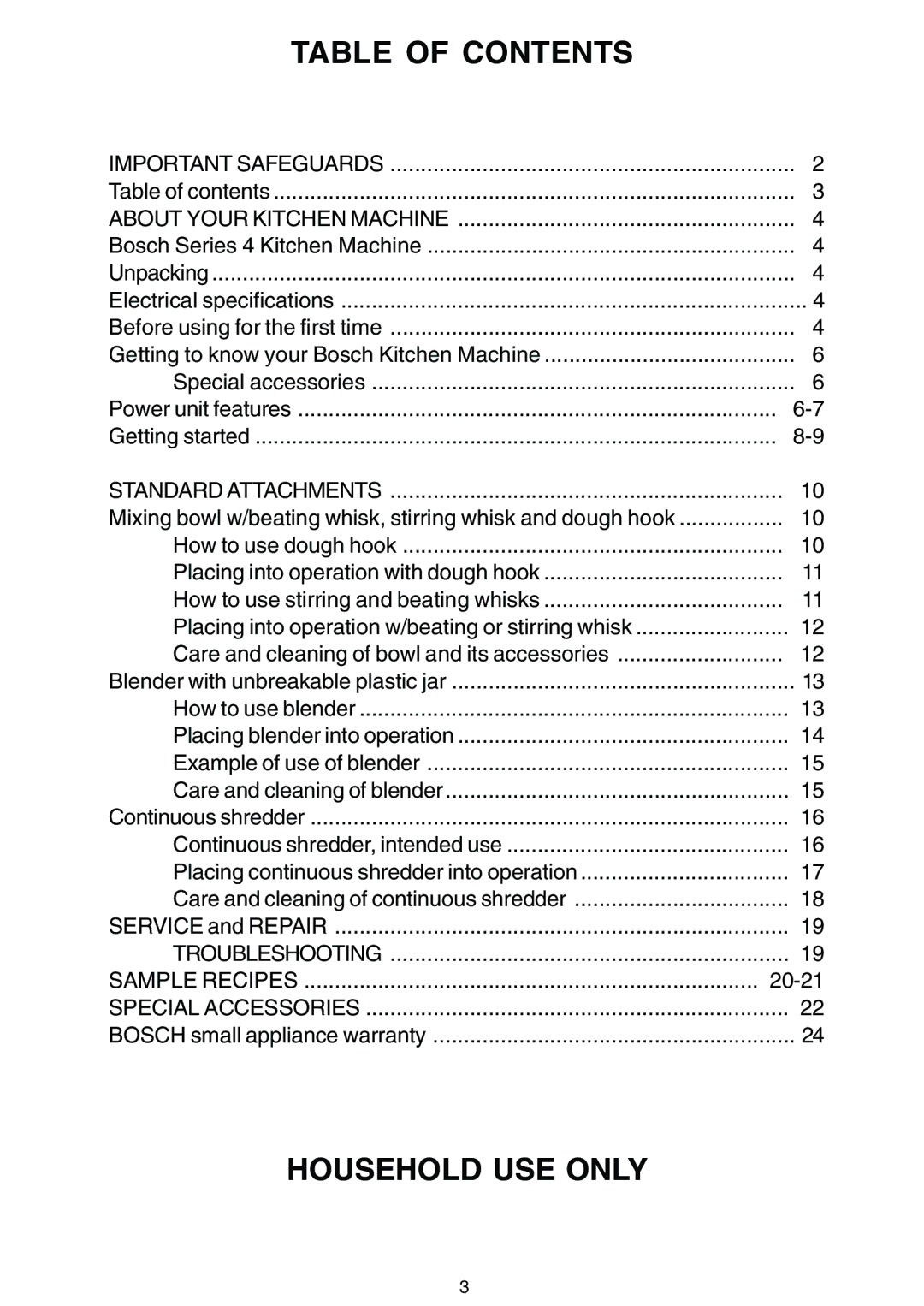 Bosch Appliances MUM 4405 UC, MUM 4635 UC, MUM 4620 UC, MUM 4420 UC owner manual Table of Contents 