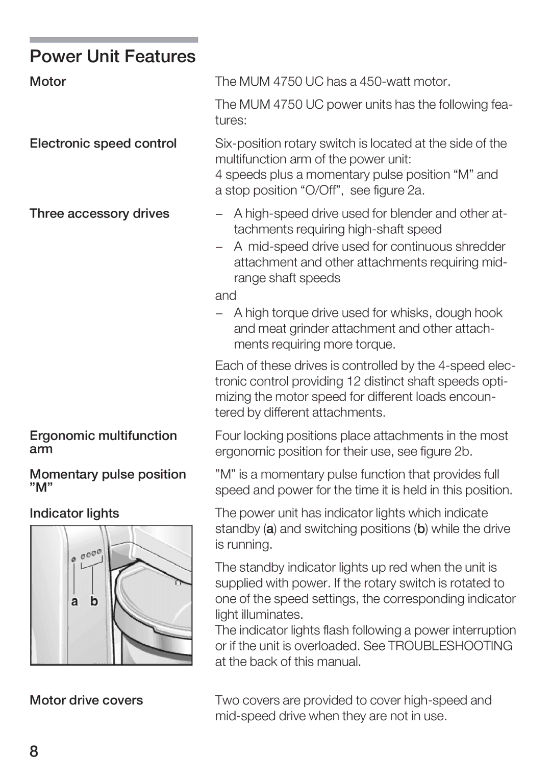 Bosch Appliances MUM 4750 UC manual Power Unit Features 