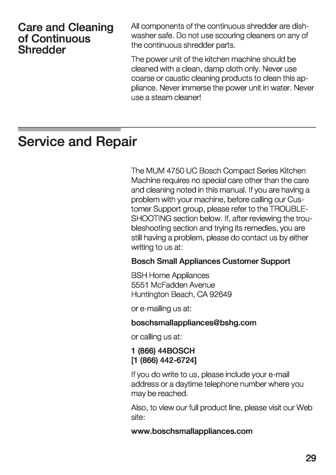 Bosch Appliances MUM 4750 UC manual Service and Repair, Care and Cleaning All, ofContinuous, Shredder 