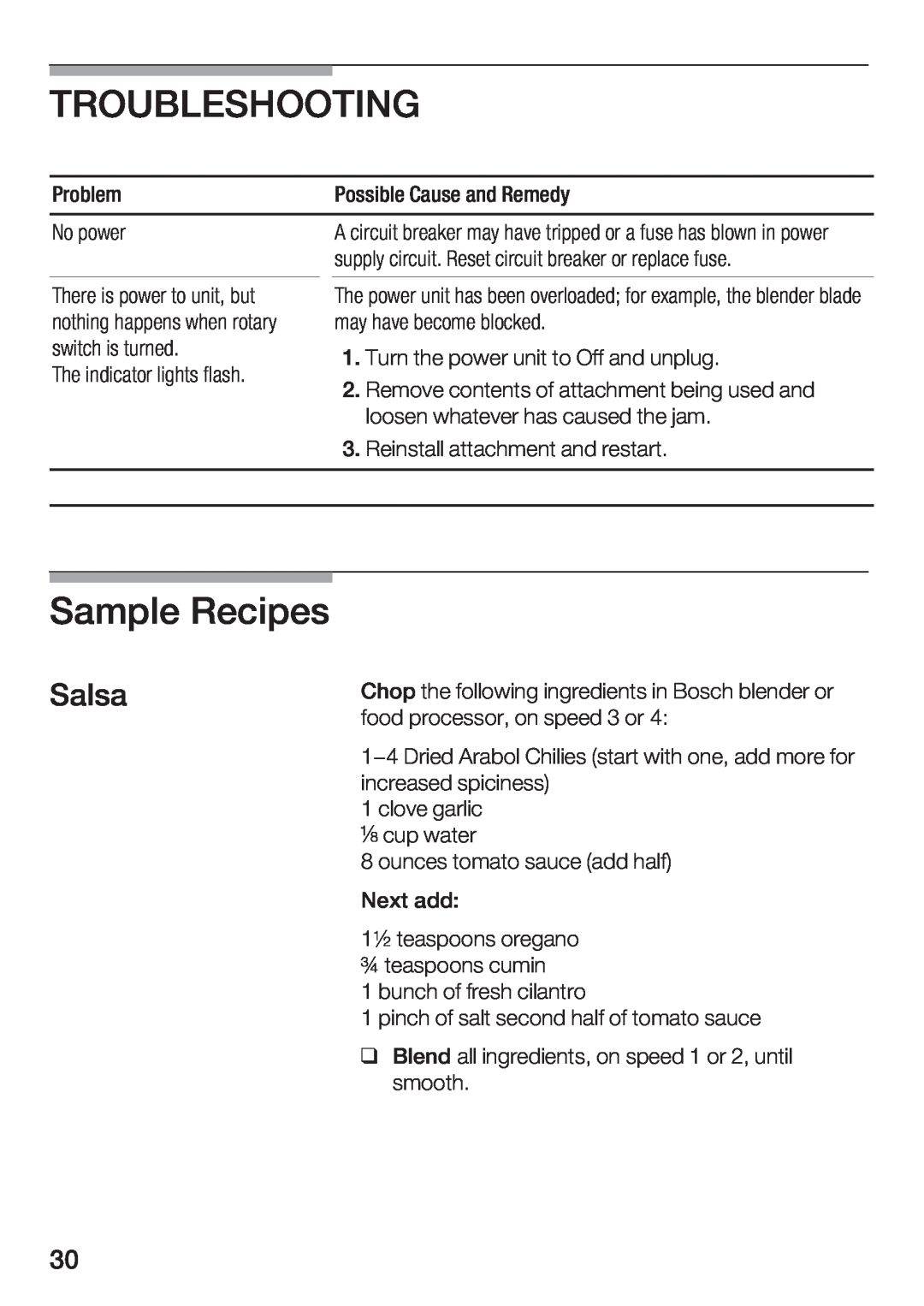 Bosch Appliances MUM 4750 UC manual Troubleshooting, Sample Recipes, Salsa 
