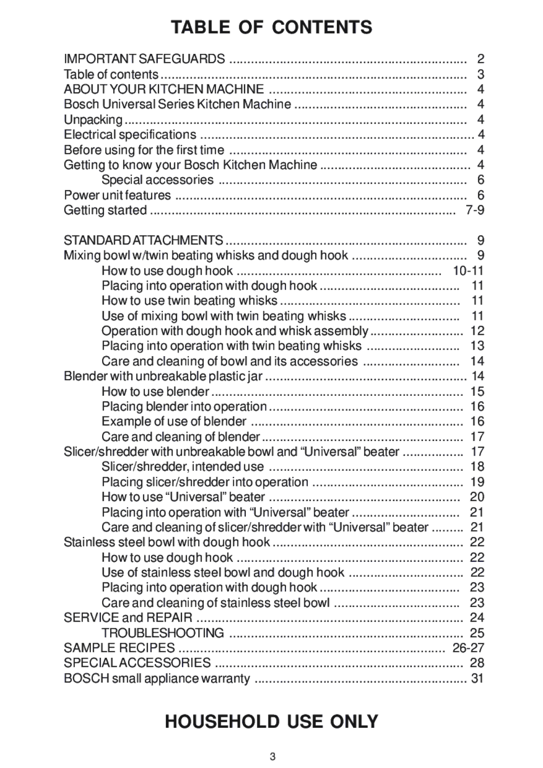 Bosch Appliances MUM 6610 UC owner manual Table of Contents 