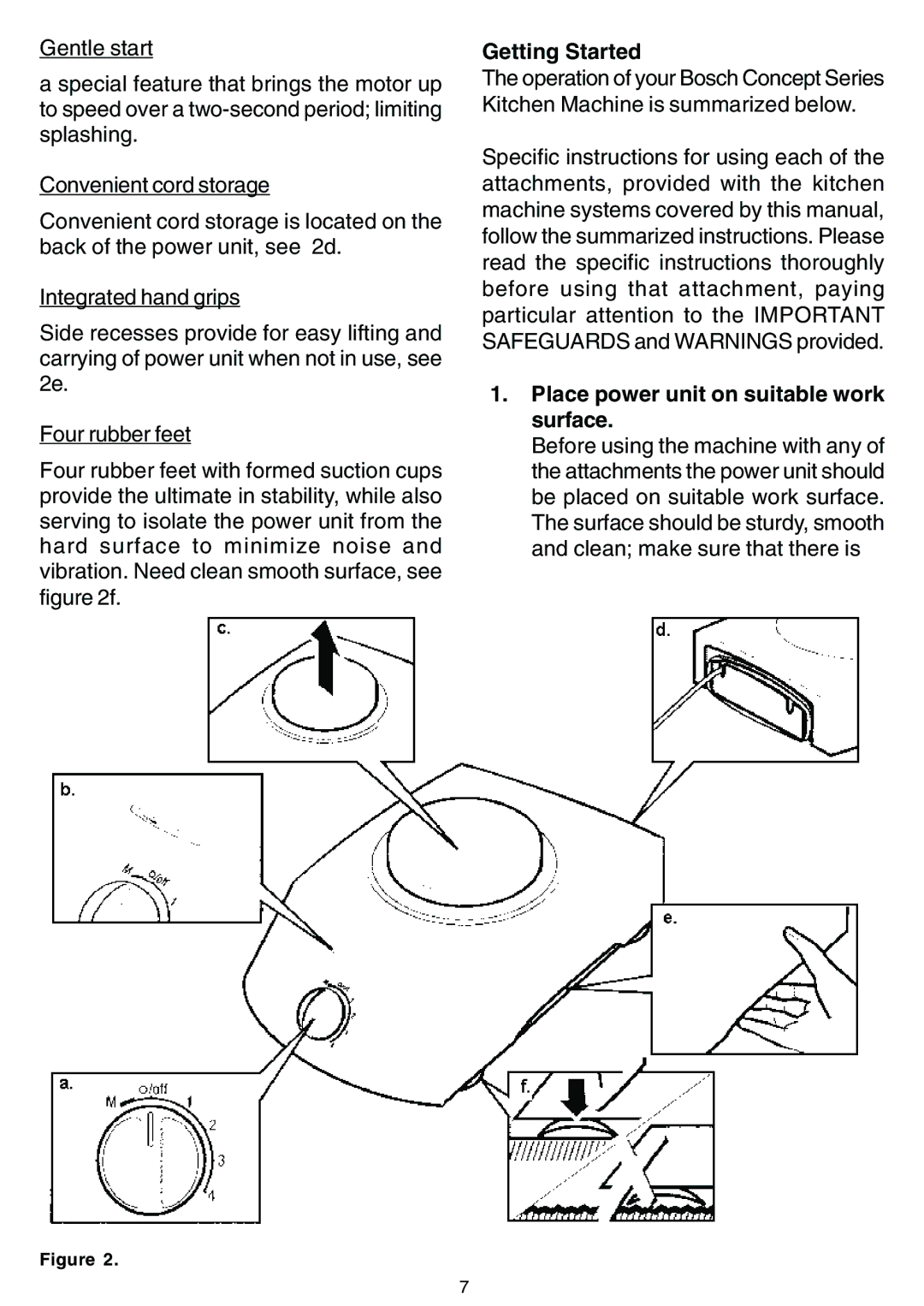 Bosch Appliances MUM 7000 UC owner manual Getting Started, Place power unit on suitable work surface 