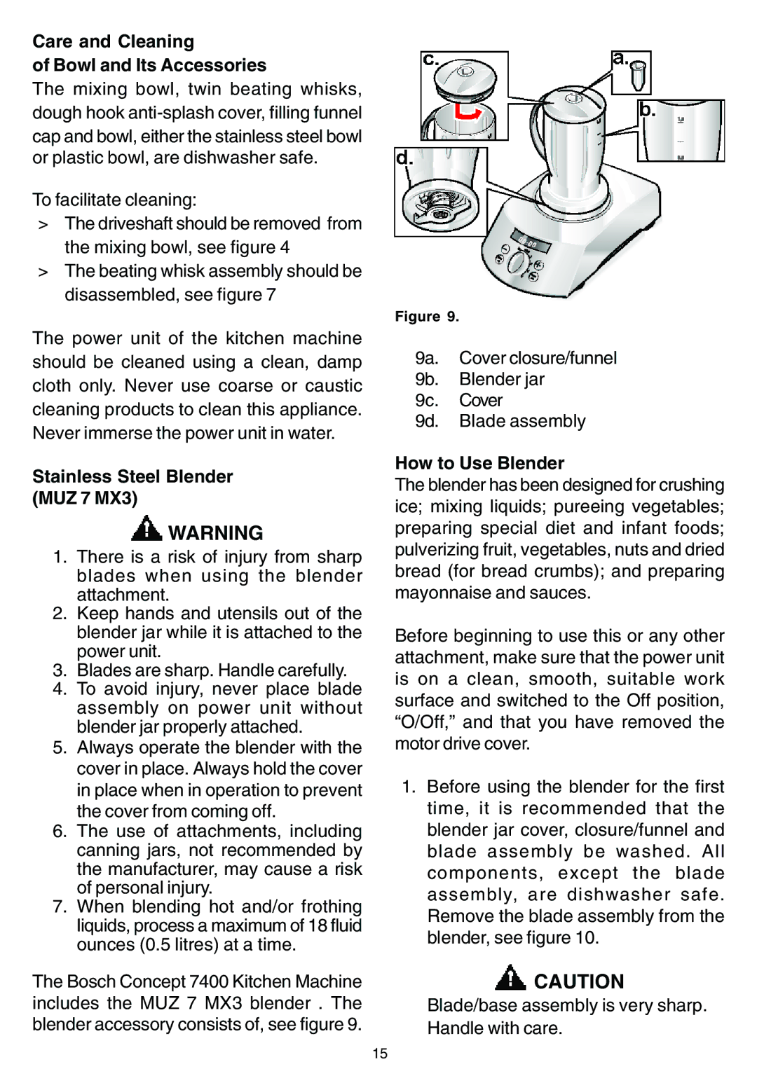 Bosch Appliances MUM 7400 UC owner manual Care and Cleaning Bowl and Its Accessories, Stainless Steel Blender MUZ 7 MX3 