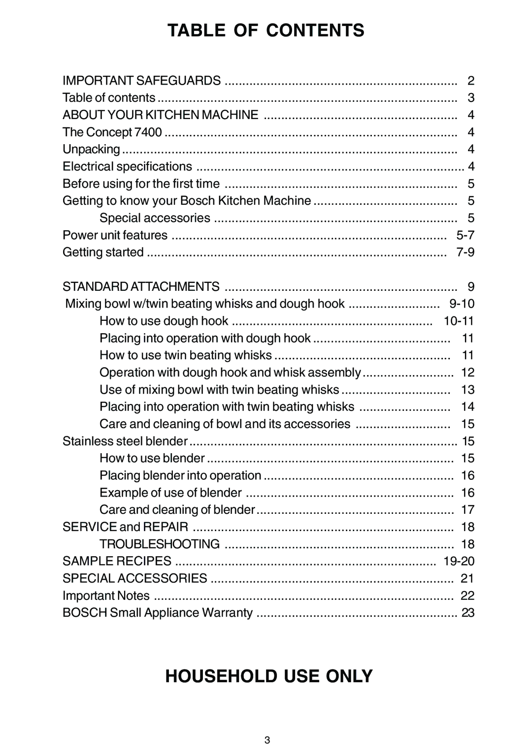 Bosch Appliances MUM 7400 UC owner manual Table of Contents 