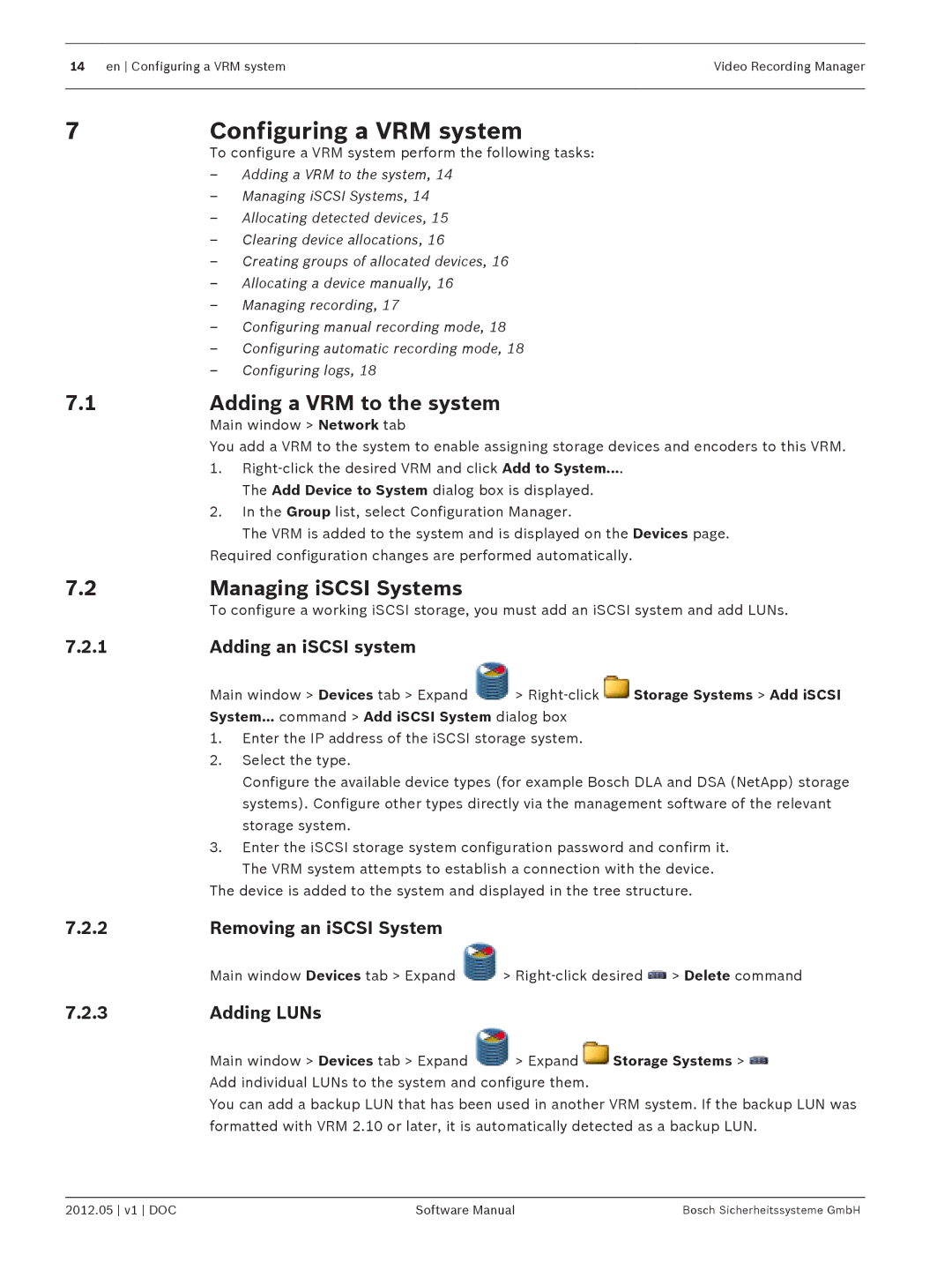 Bosch Appliances MVM-BVRM software manual Configuring a VRM system, Adding a VRM to the system, Managing iSCSI Systems 