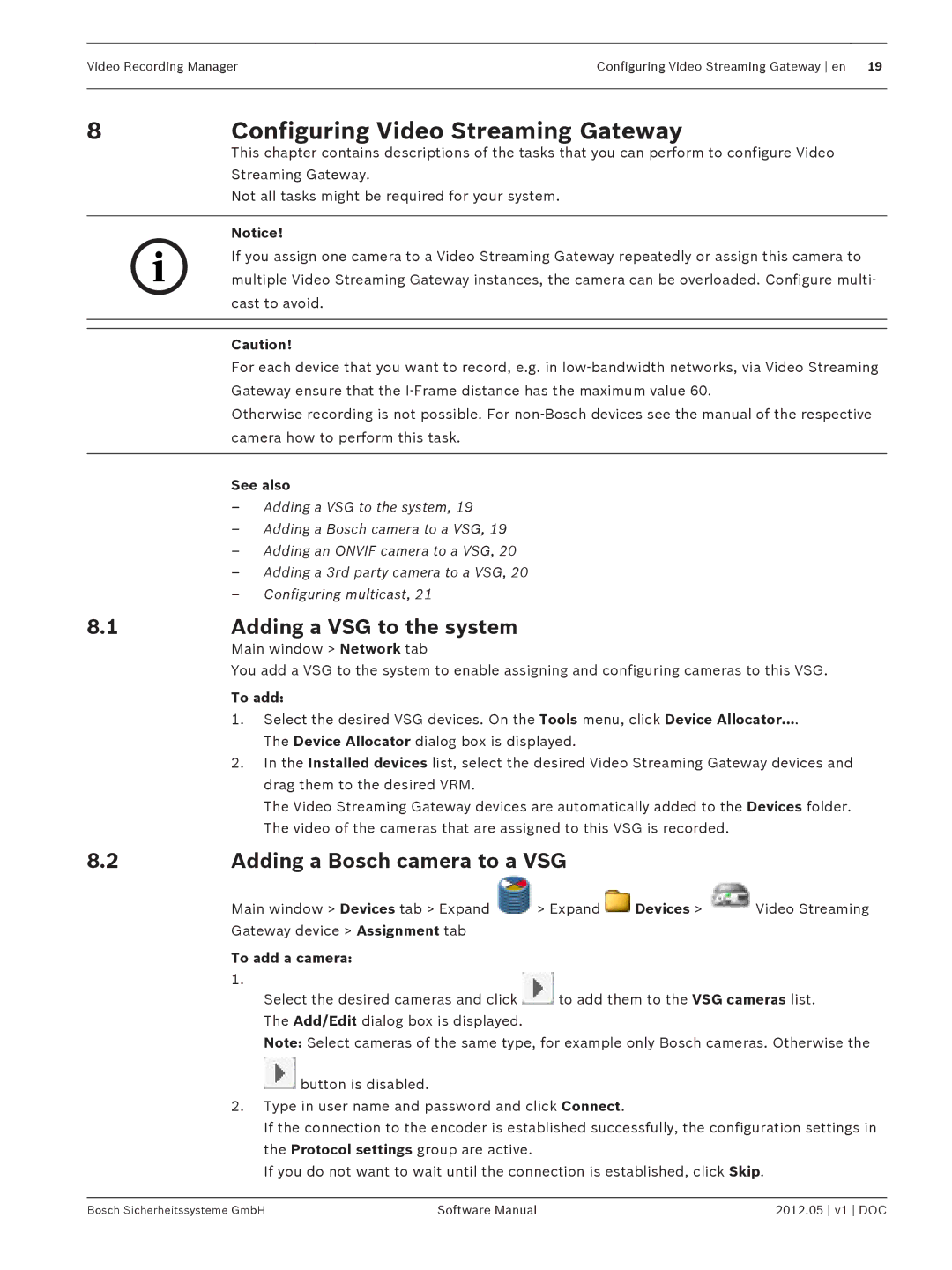 Bosch Appliances MVM-BVRM Configuring Video Streaming Gateway, Adding a VSG to the system, Adding a Bosch camera to a VSG 
