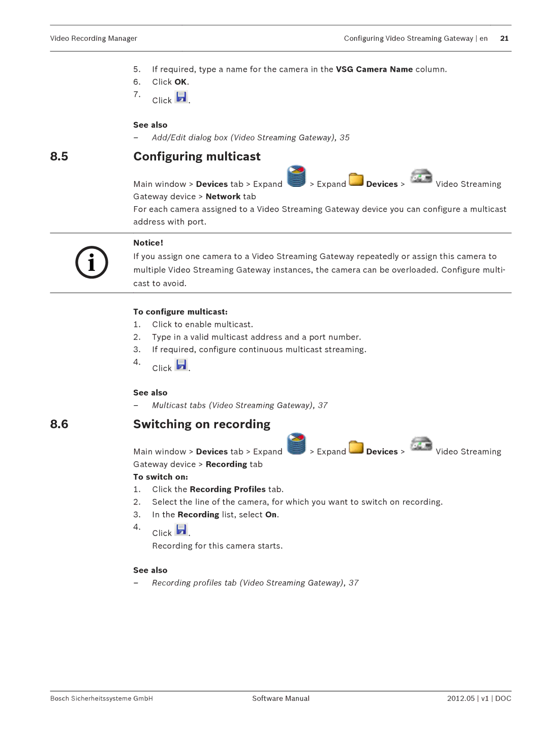 Bosch Appliances MVM-BVRM software manual Configuring multicast, Switching on recording, Devices, To configure multicast 