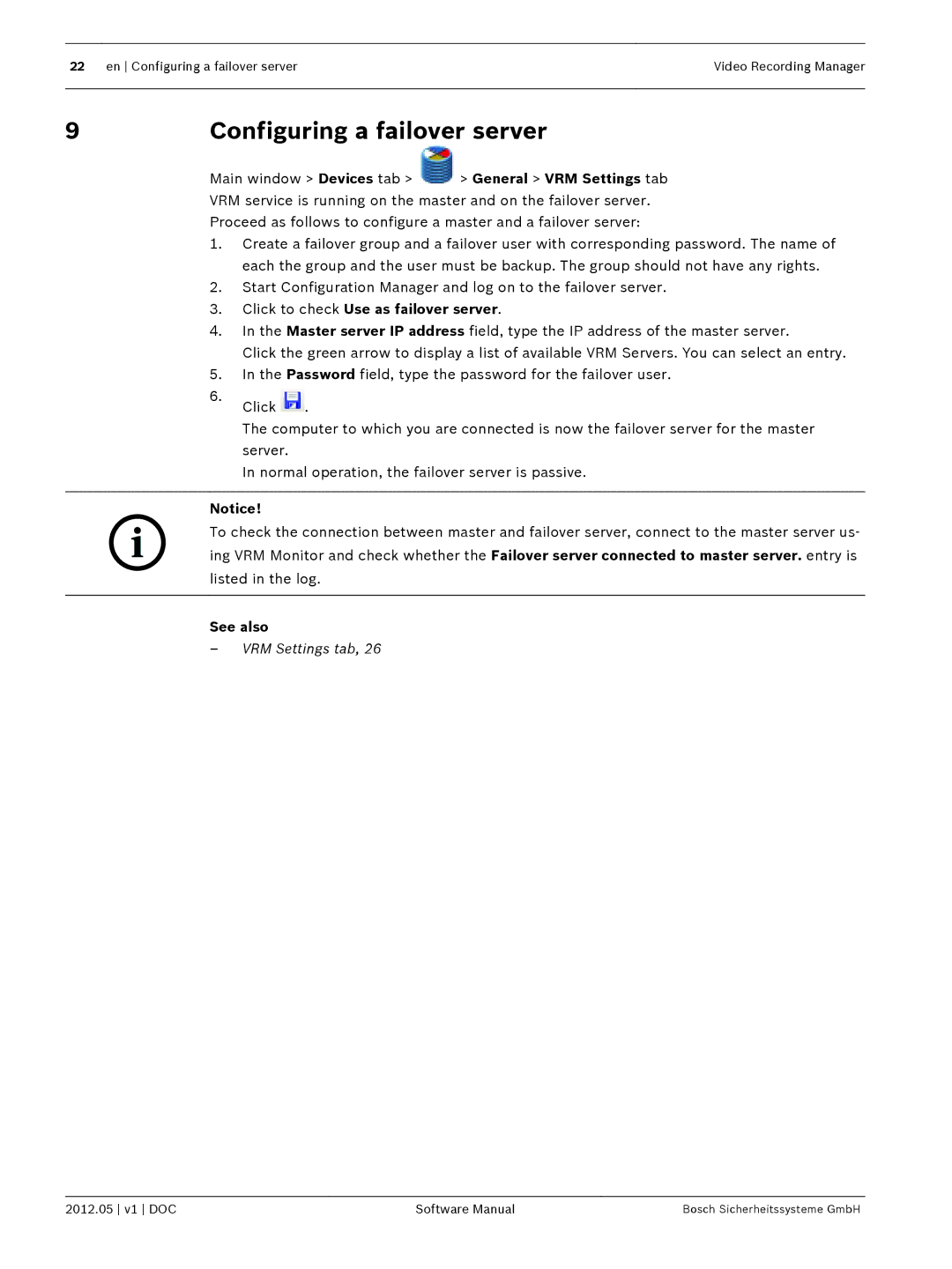 Bosch Appliances MVM-BVRM software manual Configuring a failover server, Click to check Use as failover server 