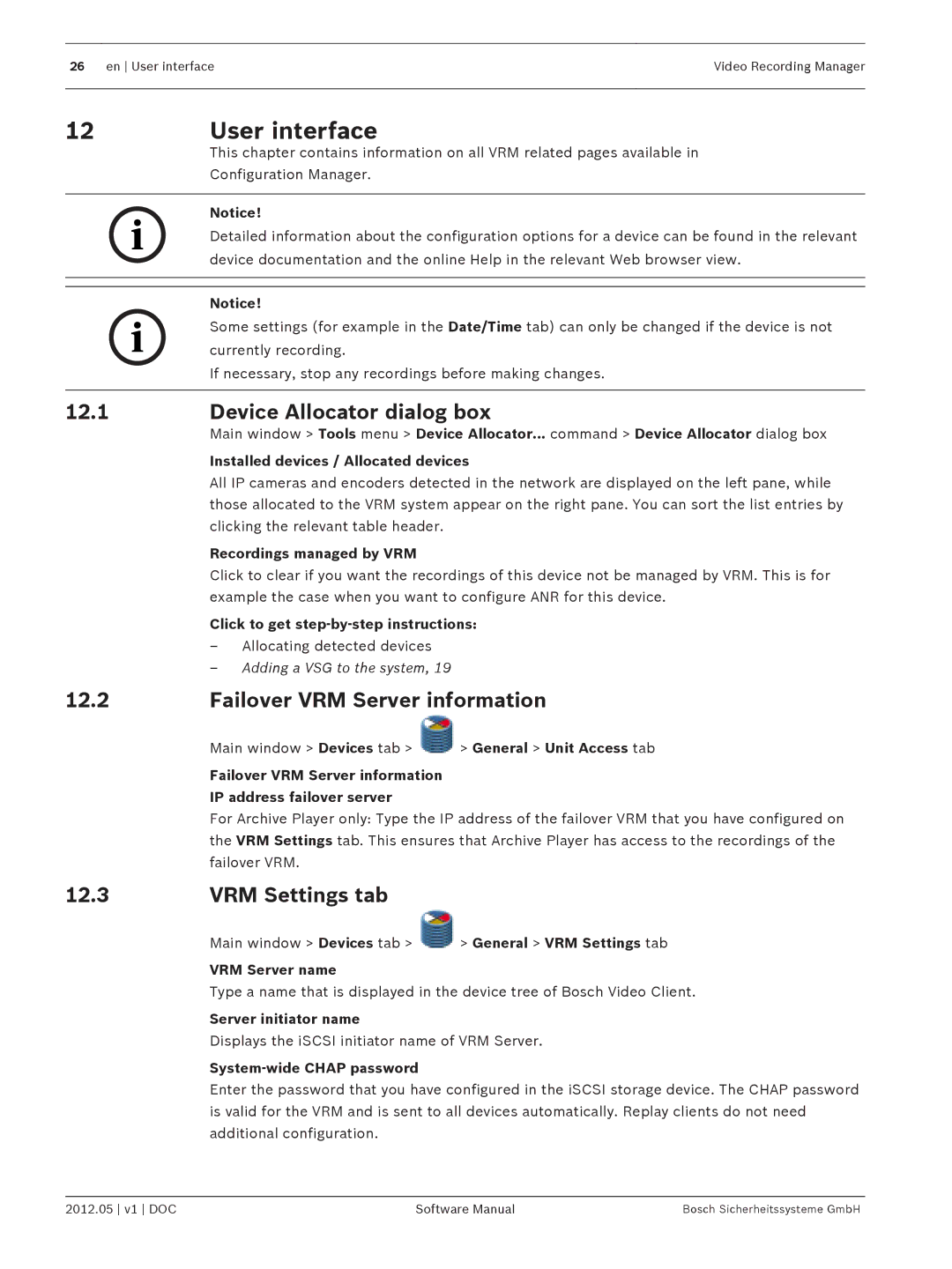 Bosch Appliances MVM-BVRM User interface, Device Allocator dialog box, Failover VRM Server information, VRM Settings tab 