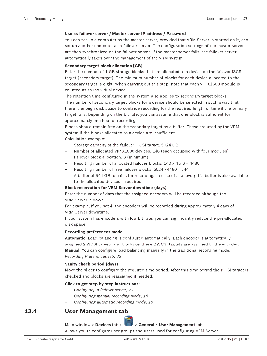 Bosch Appliances MVM-BVRM User Management tab, Secondary target block allocation GB, Recording preferences mode 