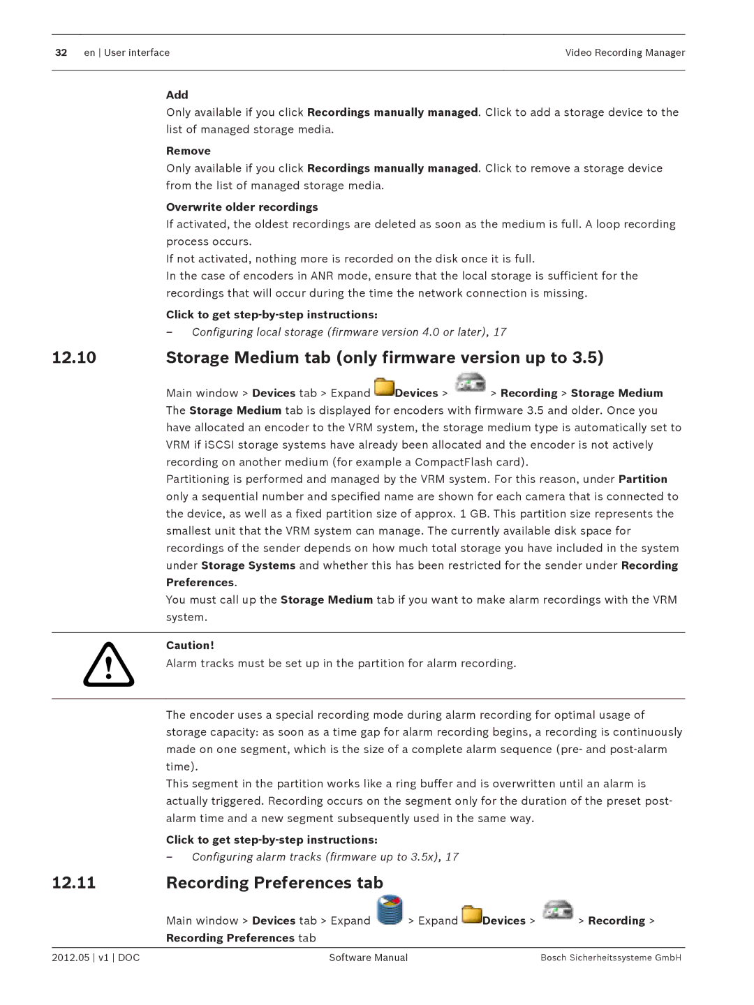 Bosch Appliances MVM-BVRM software manual Storage Medium tab only firmware version up to, Recording Preferences tab 