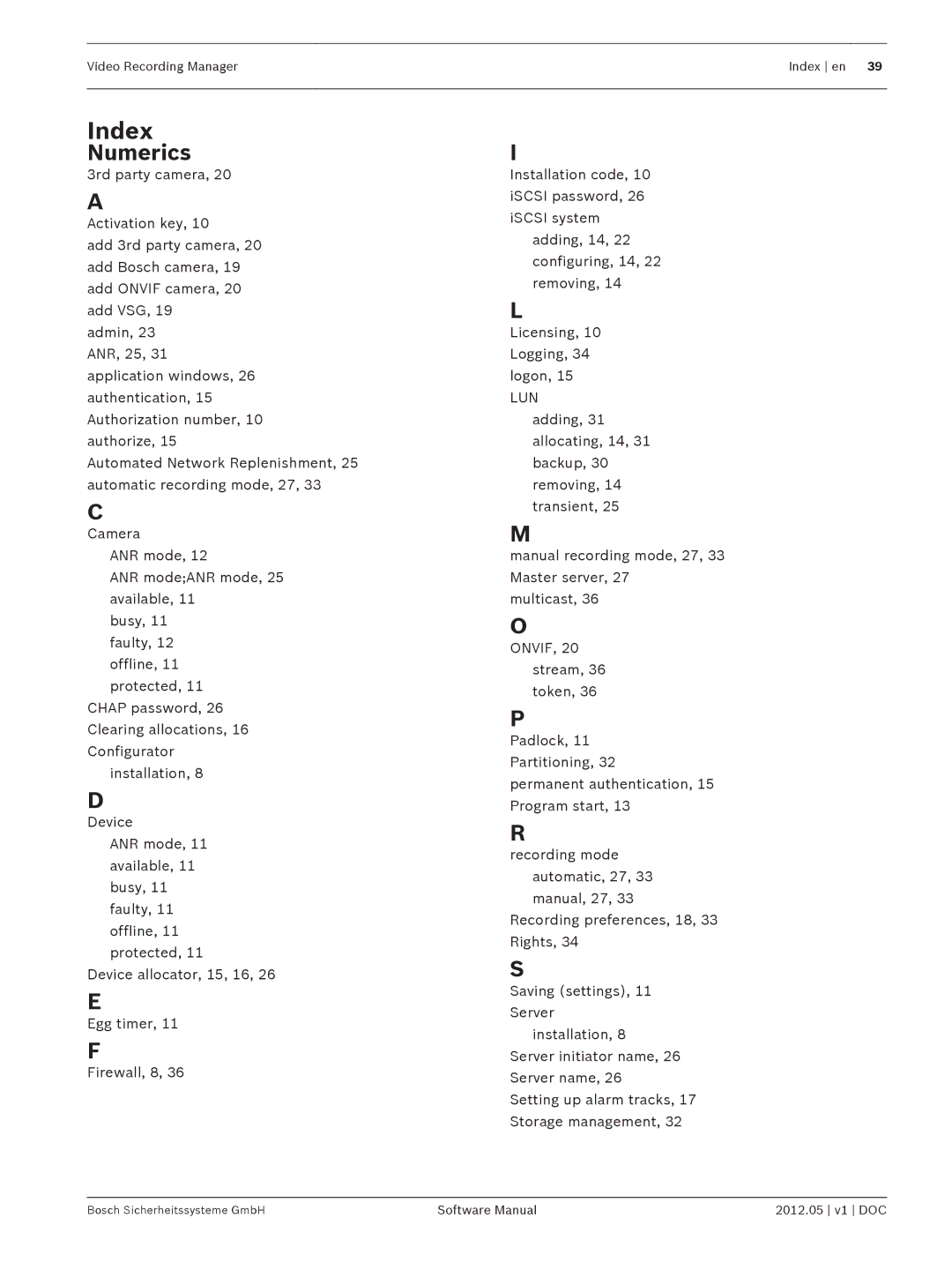 Bosch Appliances MVM-BVRM software manual Index, Numerics 