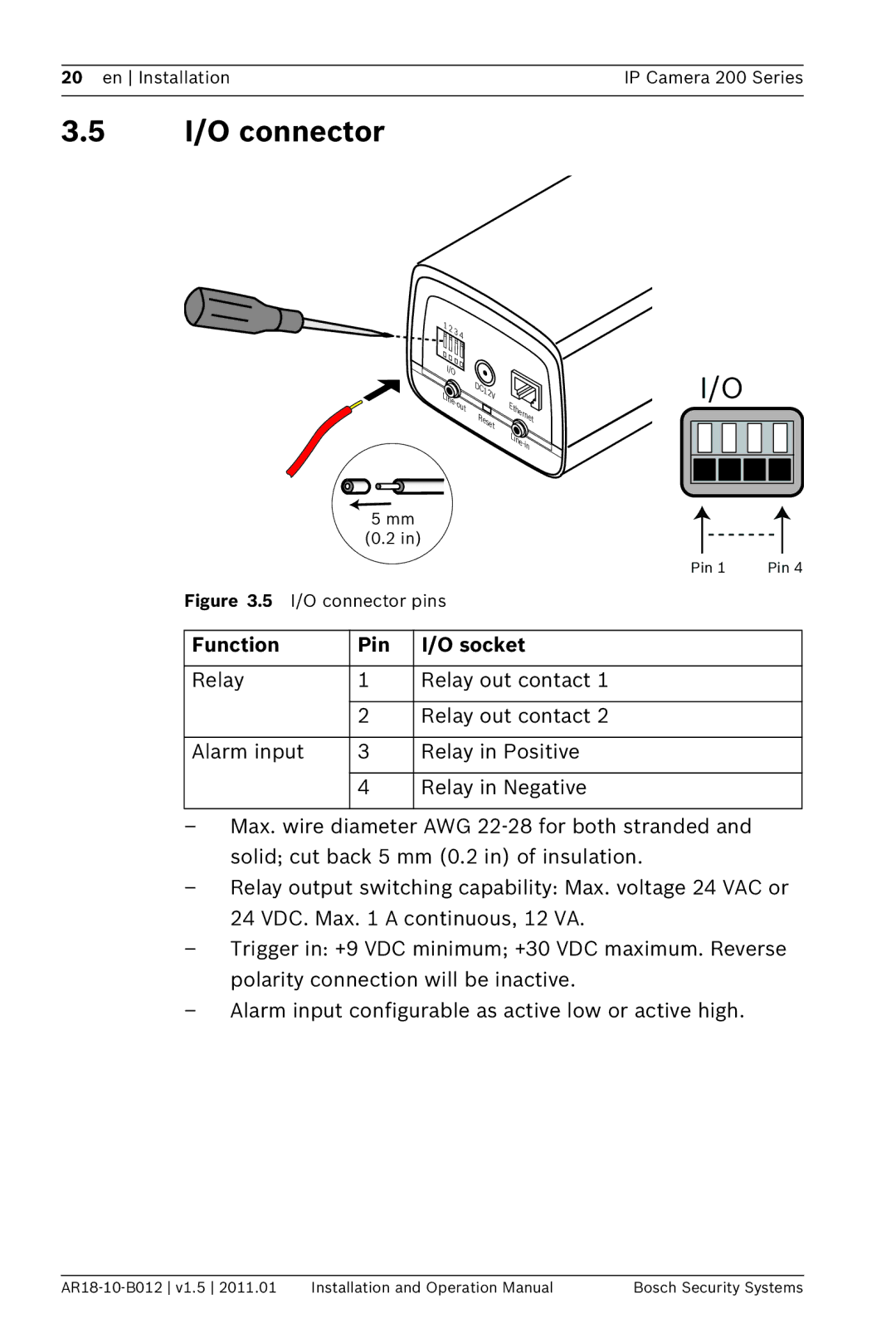 Bosch Appliances NBC-265-P operation manual I/O connector, Function Pin Socket 