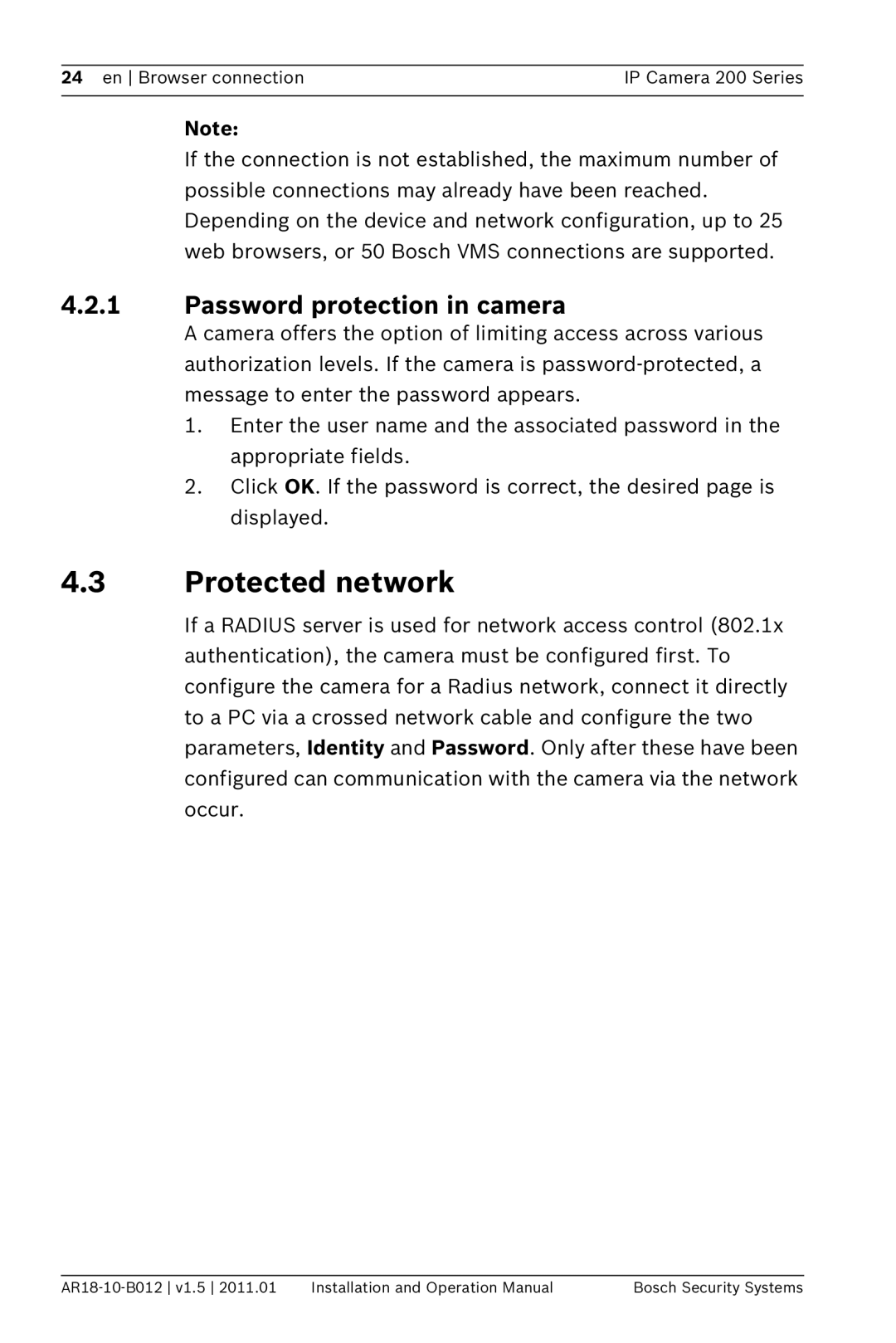 Bosch Appliances NBC-265-P operation manual Protected network, Password protection in camera 