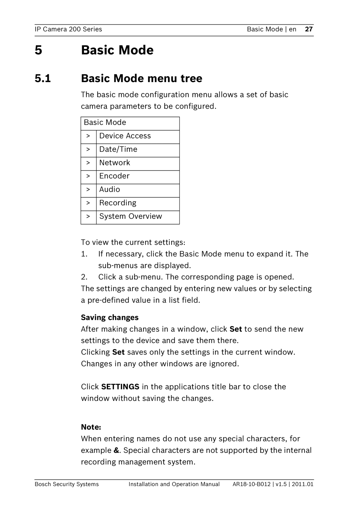 Bosch Appliances NBC-265-P operation manual Basic Mode menu tree, Saving changes 