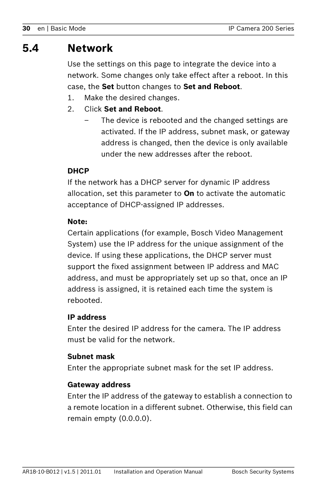 Bosch Appliances NBC-265-P operation manual Network, Click Set and Reboot, IP address, Subnet mask, Gateway address 