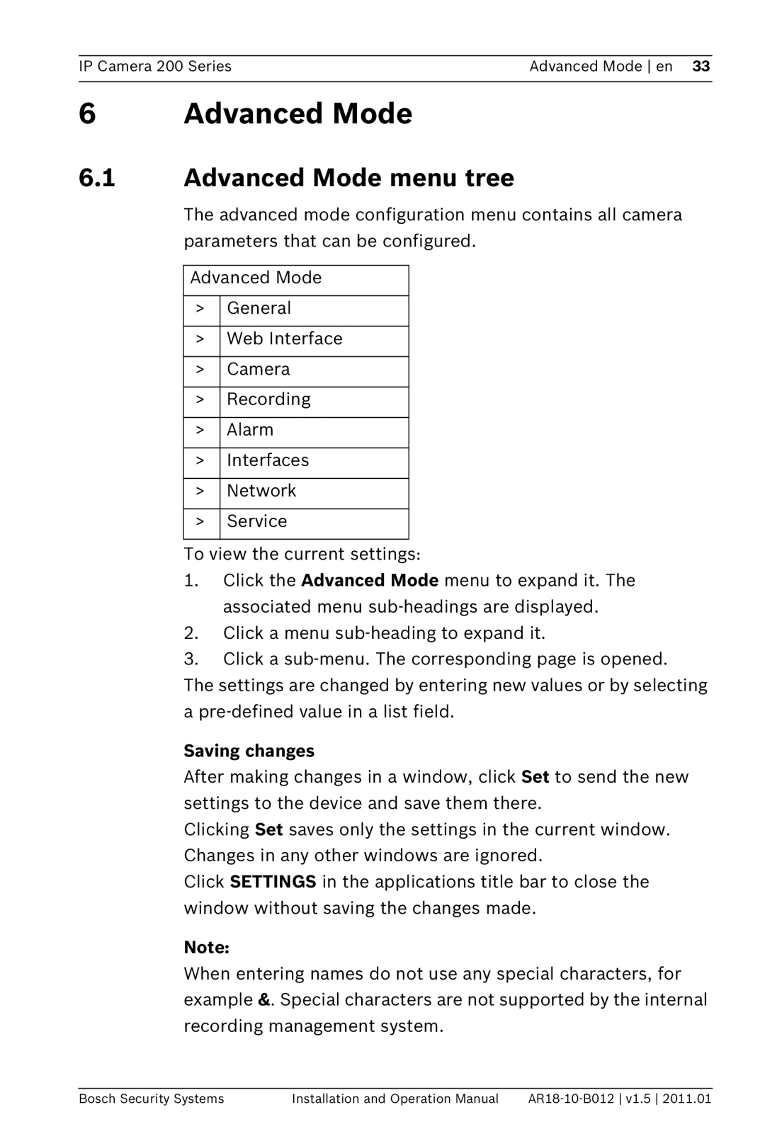 Bosch Appliances NBC-265-P operation manual Advanced Mode menu tree 