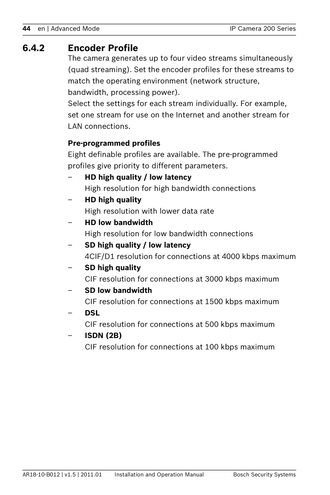 Bosch Appliances NBC-265-P operation manual AR18-10-B012 v1.5 