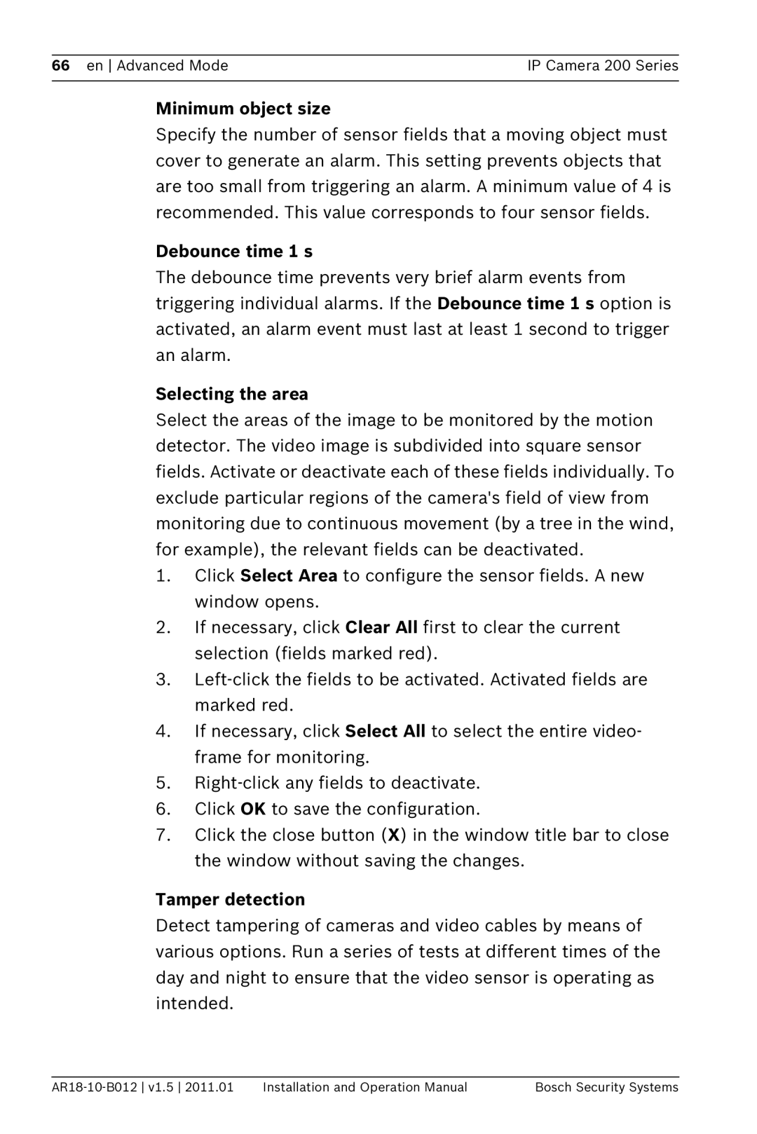 Bosch Appliances NBC-265-P operation manual Minimum object size, Debounce time 1 s, Selecting the area, Tamper detection 