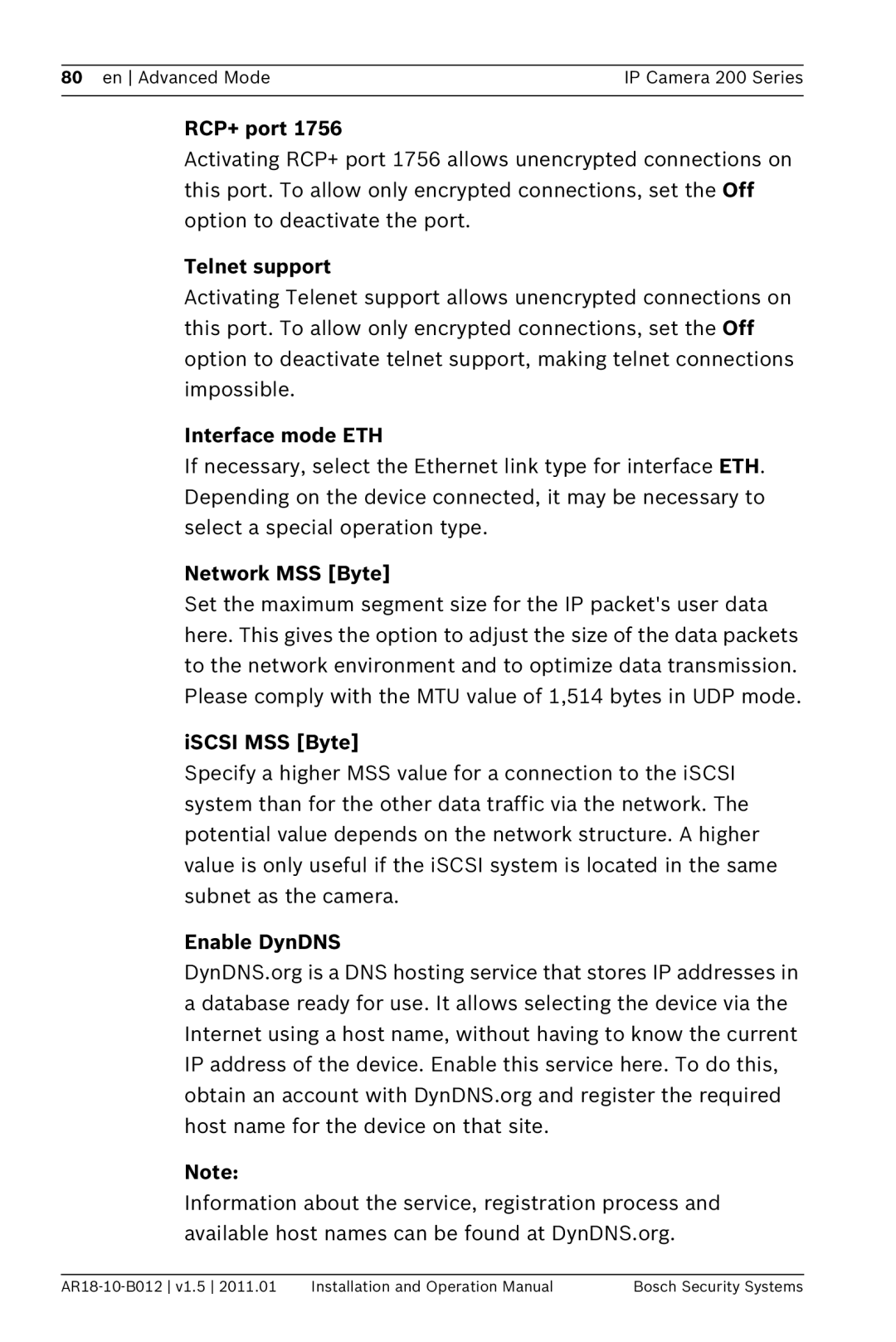 Bosch Appliances NBC-265-P RCP+ port, Telnet support, Interface mode ETH, Network MSS Byte, ISCSI MSS Byte, Enable DynDNS 