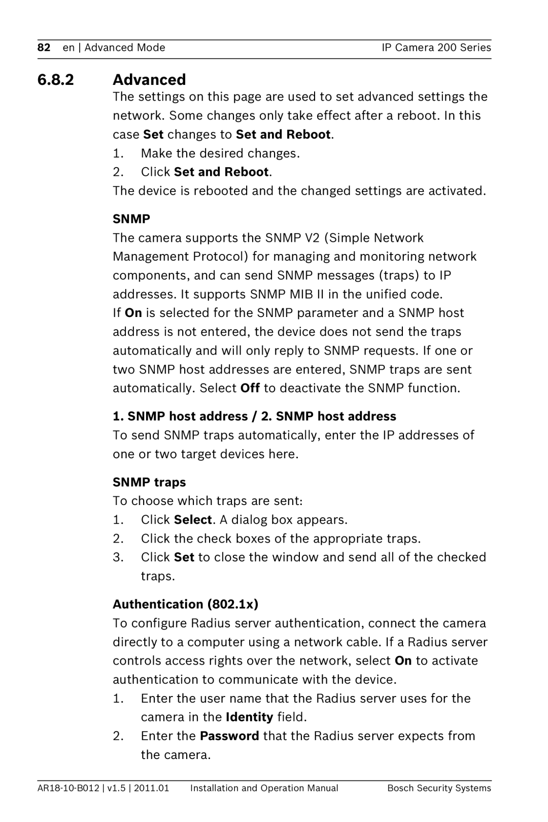 Bosch Appliances NBC-265-P operation manual Advanced, Snmp host address / 2. Snmp host address, Snmp traps, Authentication 