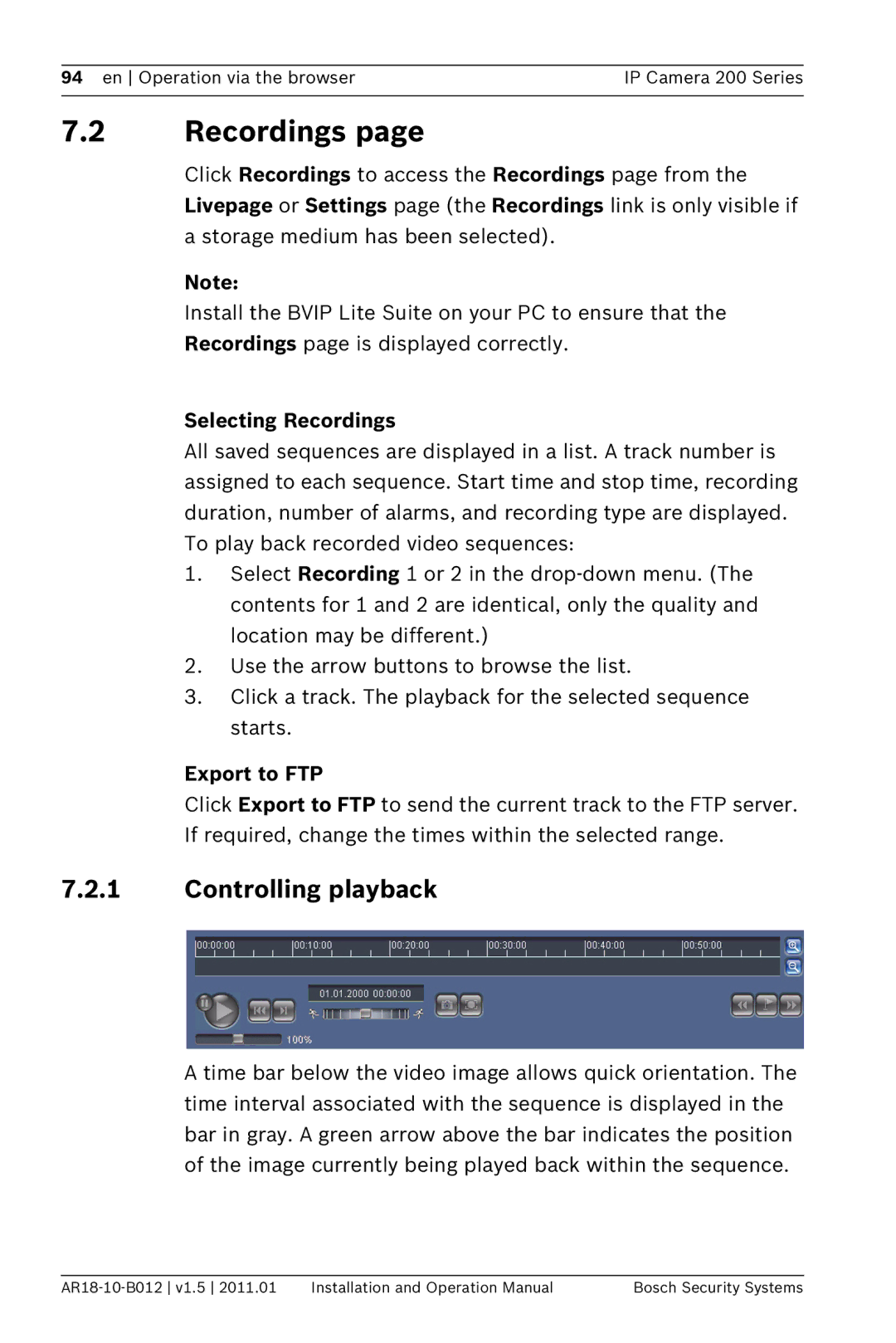 Bosch Appliances NBC-265-P operation manual Controlling playback, Selecting Recordings, Export to FTP 