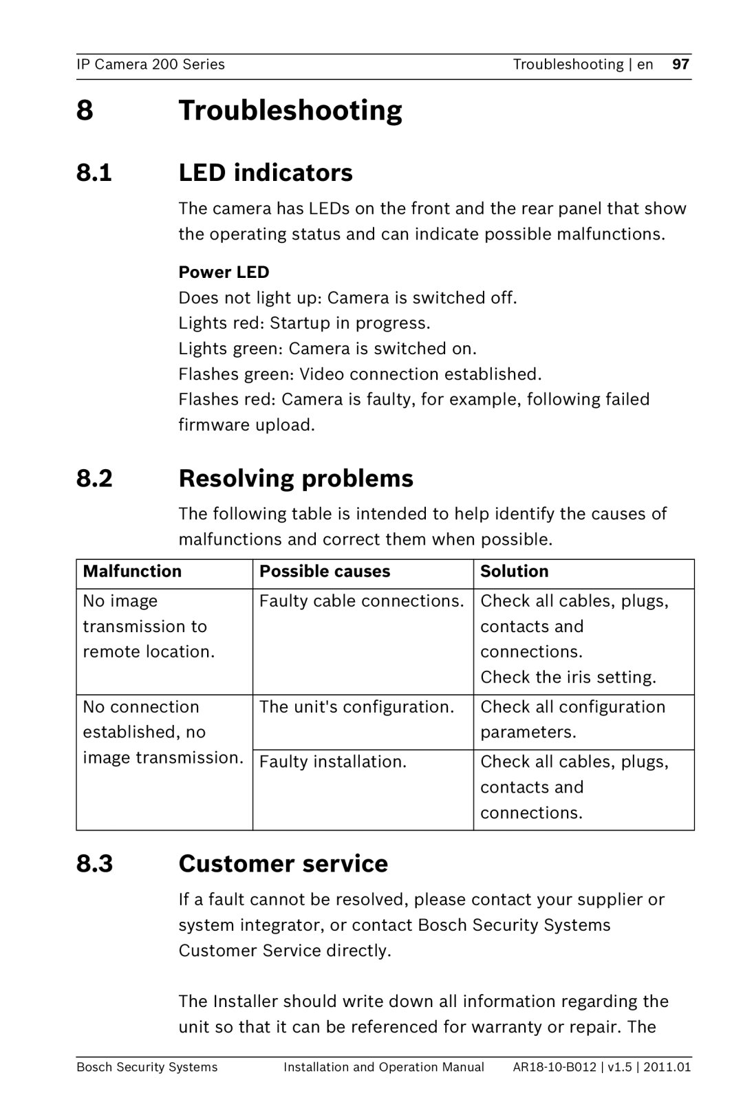 Bosch Appliances NBC-265-P operation manual Troubleshooting, LED indicators, Resolving problems, Customer service 