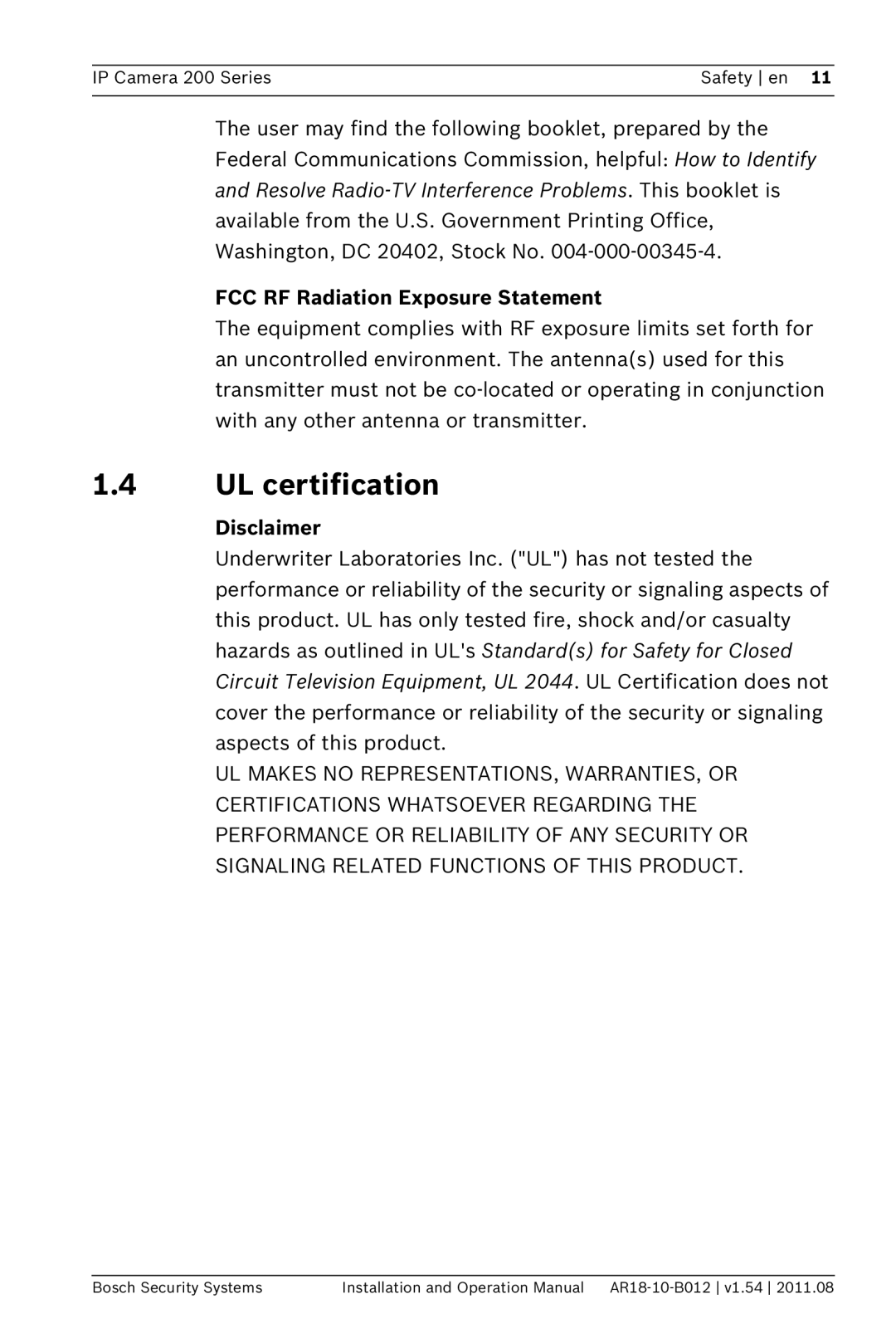 Bosch Appliances NBC-265-W operation manual UL certification, FCC RF Radiation Exposure Statement, Disclaimer 