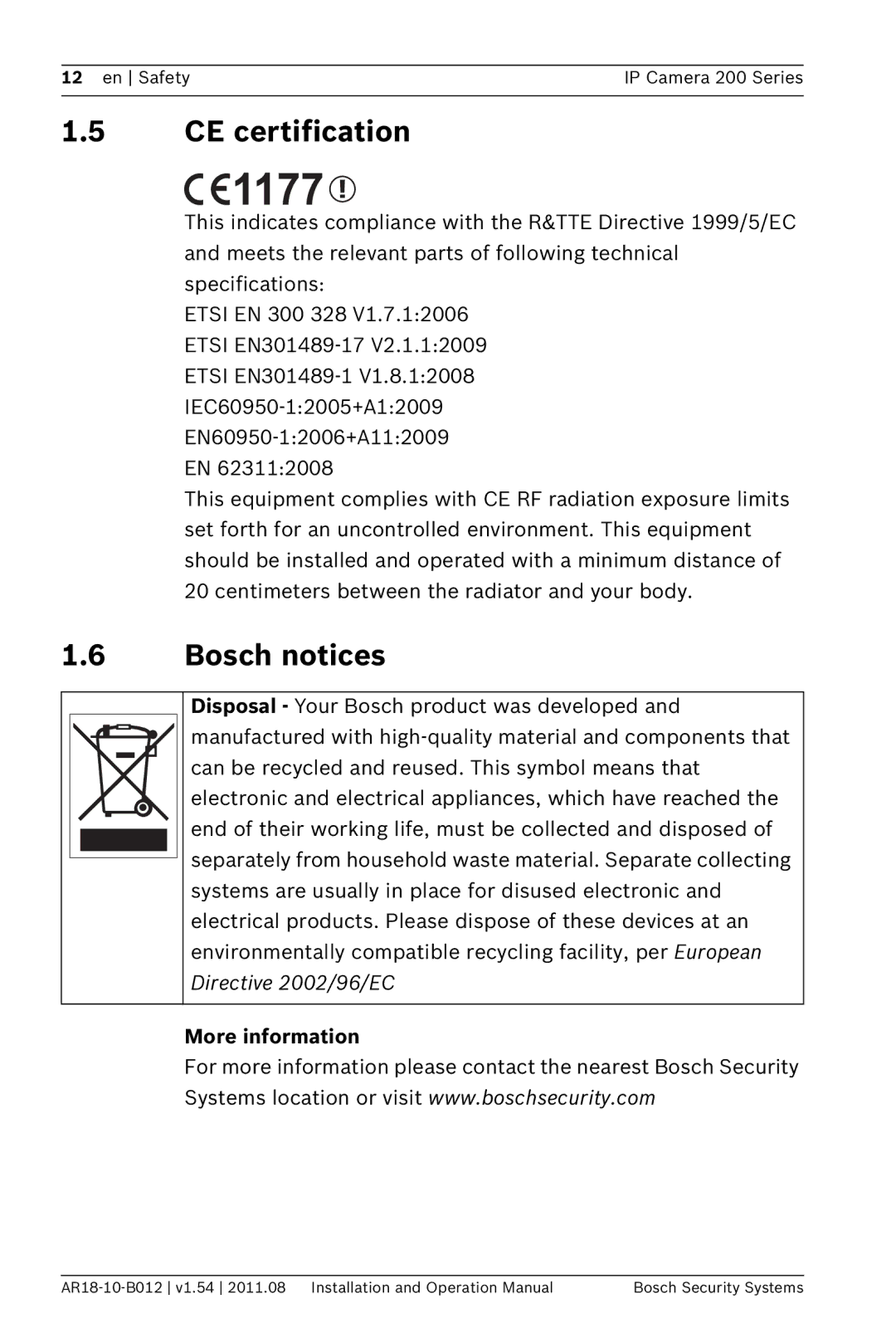 Bosch Appliances NBC-265-W operation manual CE certification, Bosch notices, More information 