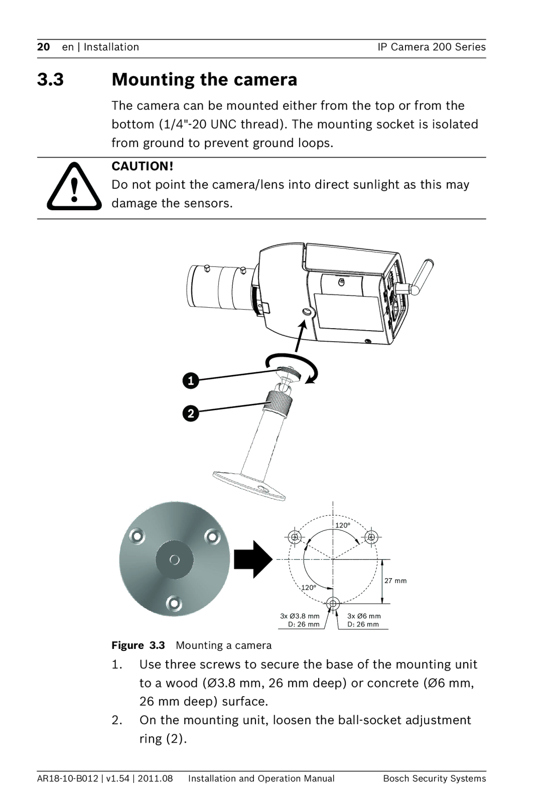 Bosch Appliances NBC-265-W operation manual Mounting the camera, Mounting a camera 