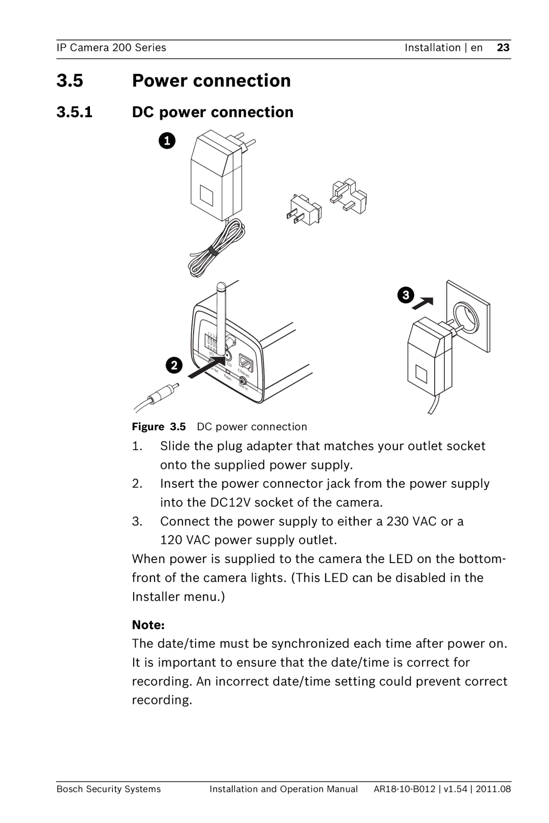 Bosch Appliances NBC-265-W operation manual Power connection, DC power connection 