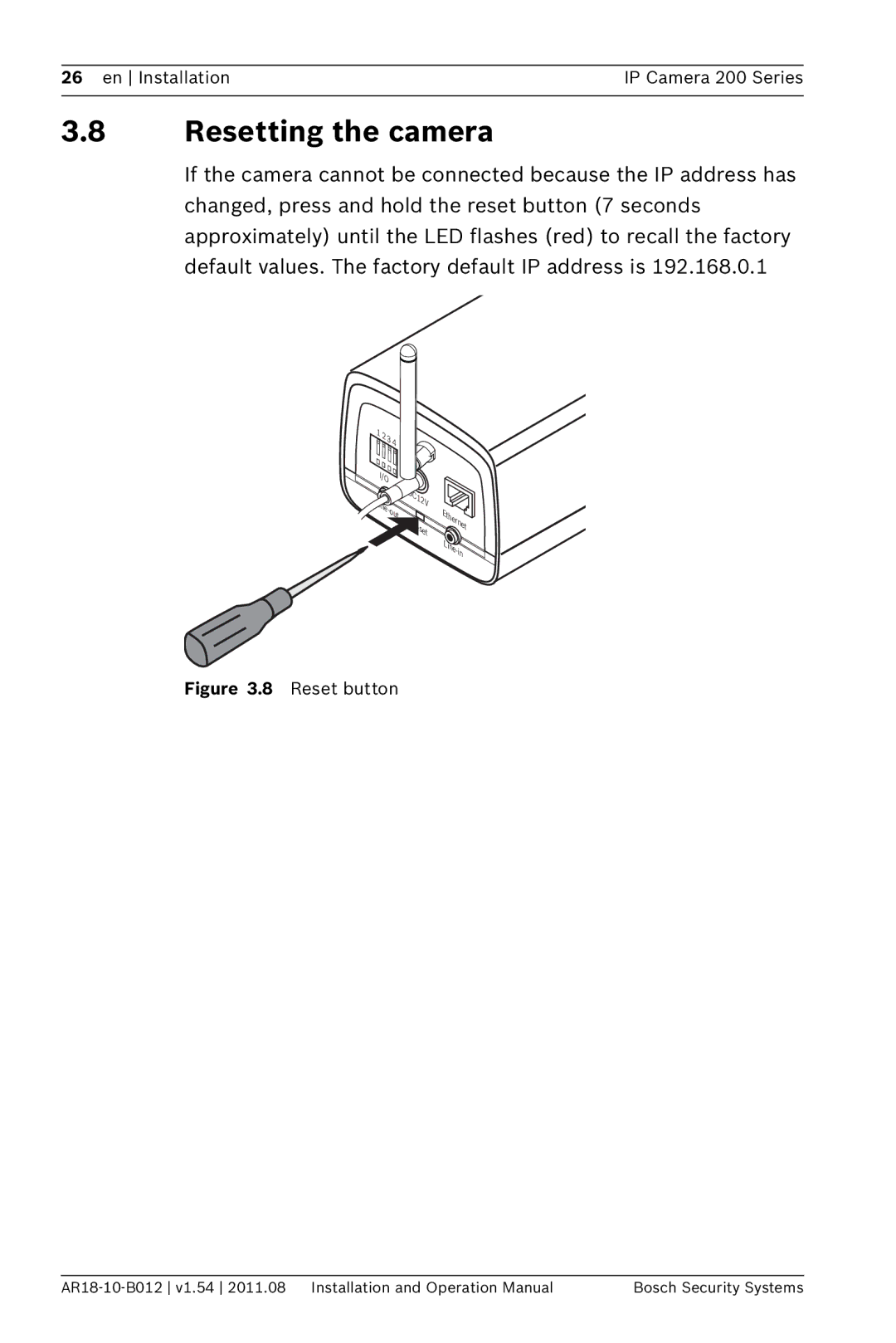 Bosch Appliances NBC-265-W operation manual Resetting the camera, Reset button 