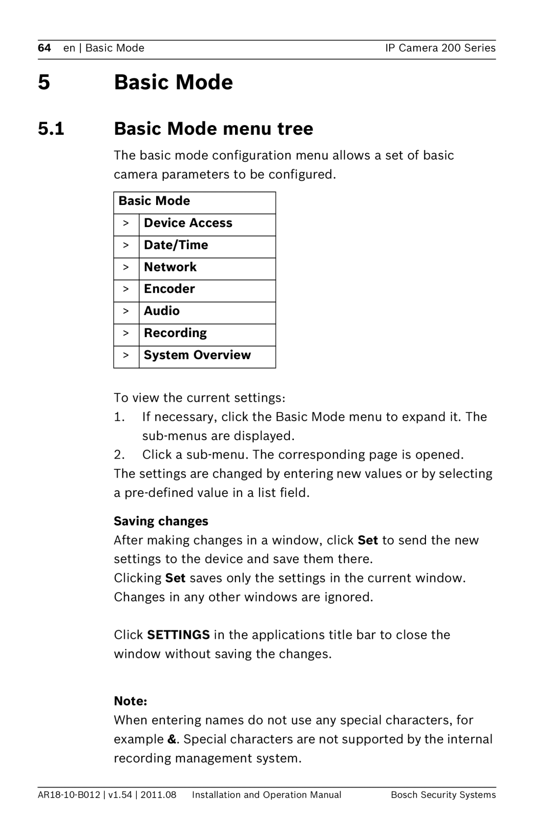 Bosch Appliances NBC-265-W operation manual Basic Mode menu tree, Saving changes 