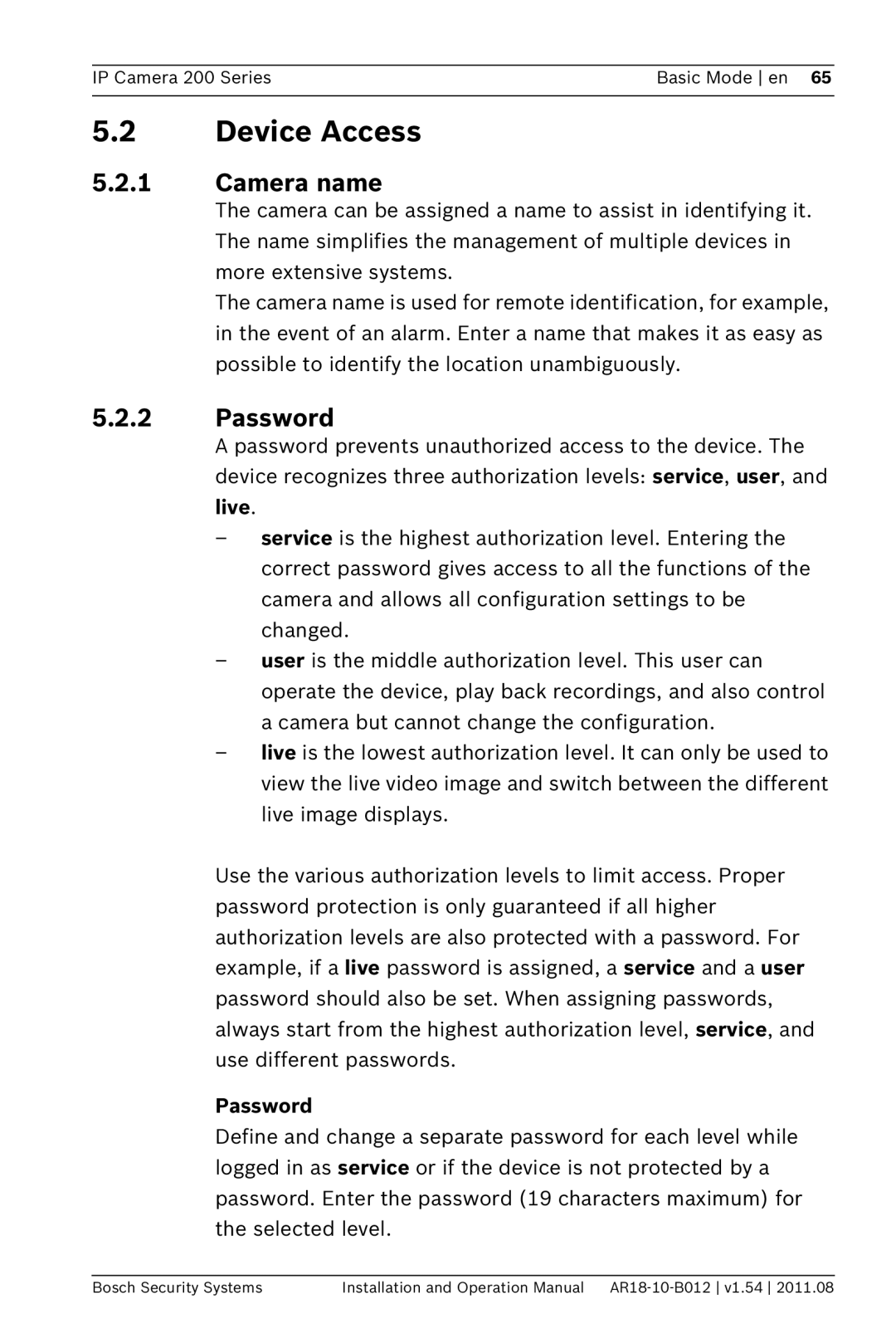 Bosch Appliances NBC-265-W operation manual Device Access, Camera name, Password, Live 