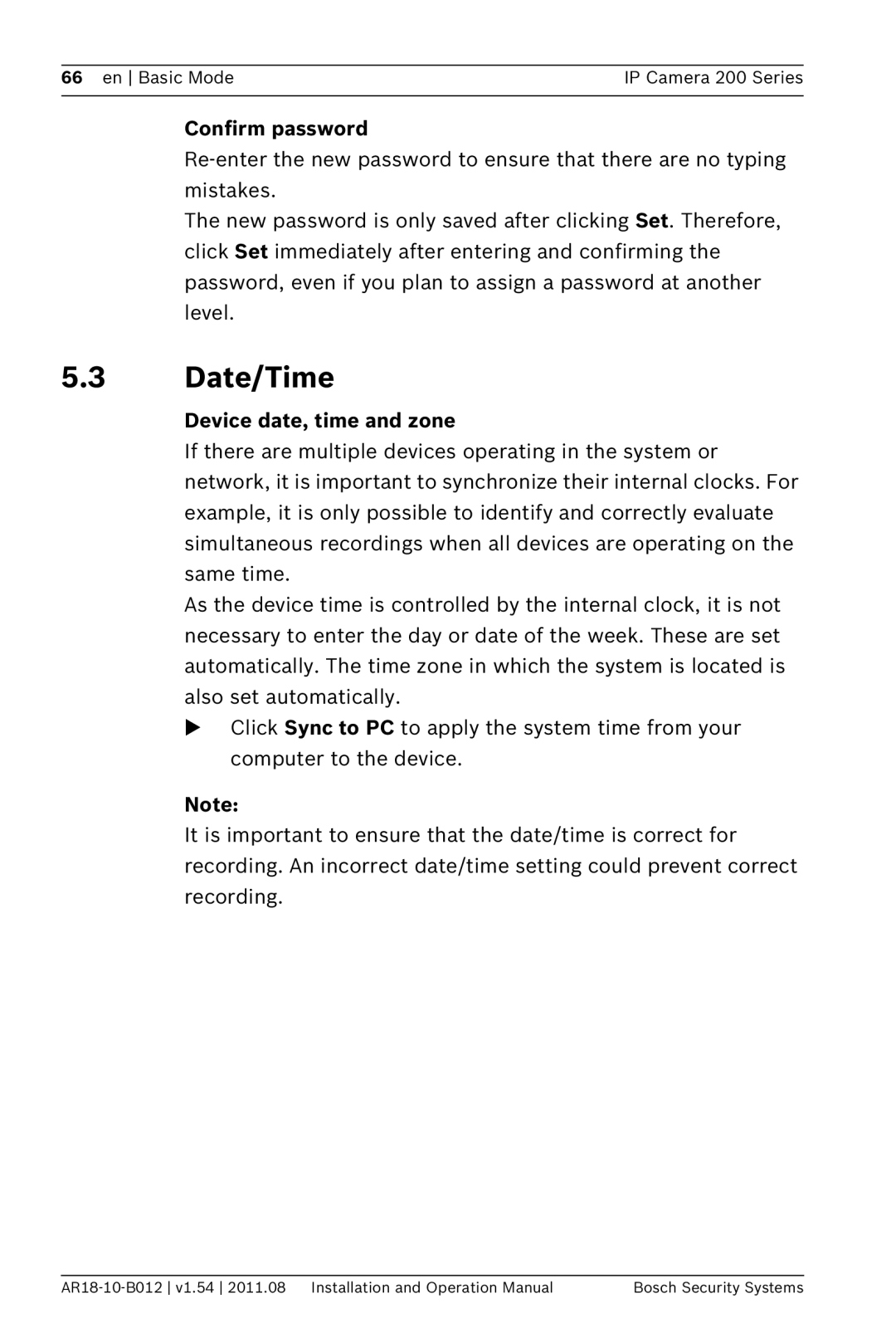 Bosch Appliances NBC-265-W operation manual Date/Time, Confirm password, Device date, time and zone 