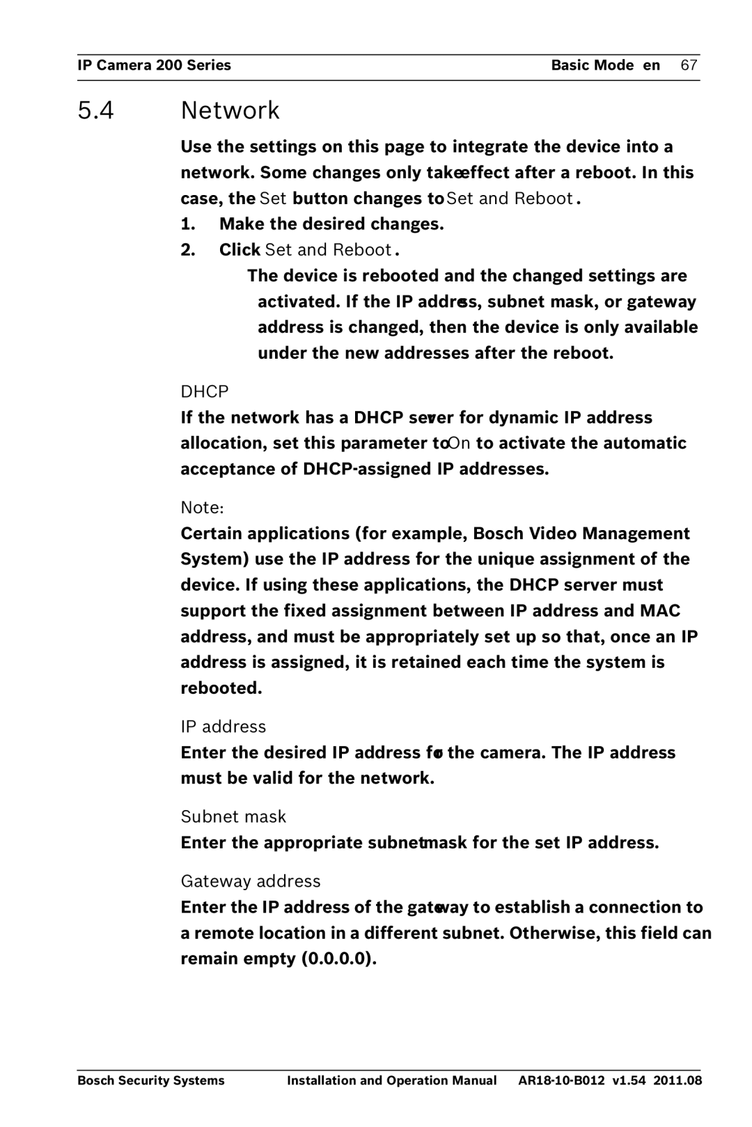 Bosch Appliances NBC-265-W operation manual Network, Click Set and Reboot, IP address, Subnet mask, Gateway address 