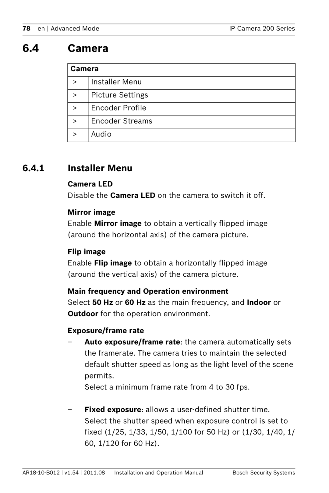 Bosch Appliances NBC-265-W operation manual Camera, Installer Menu 