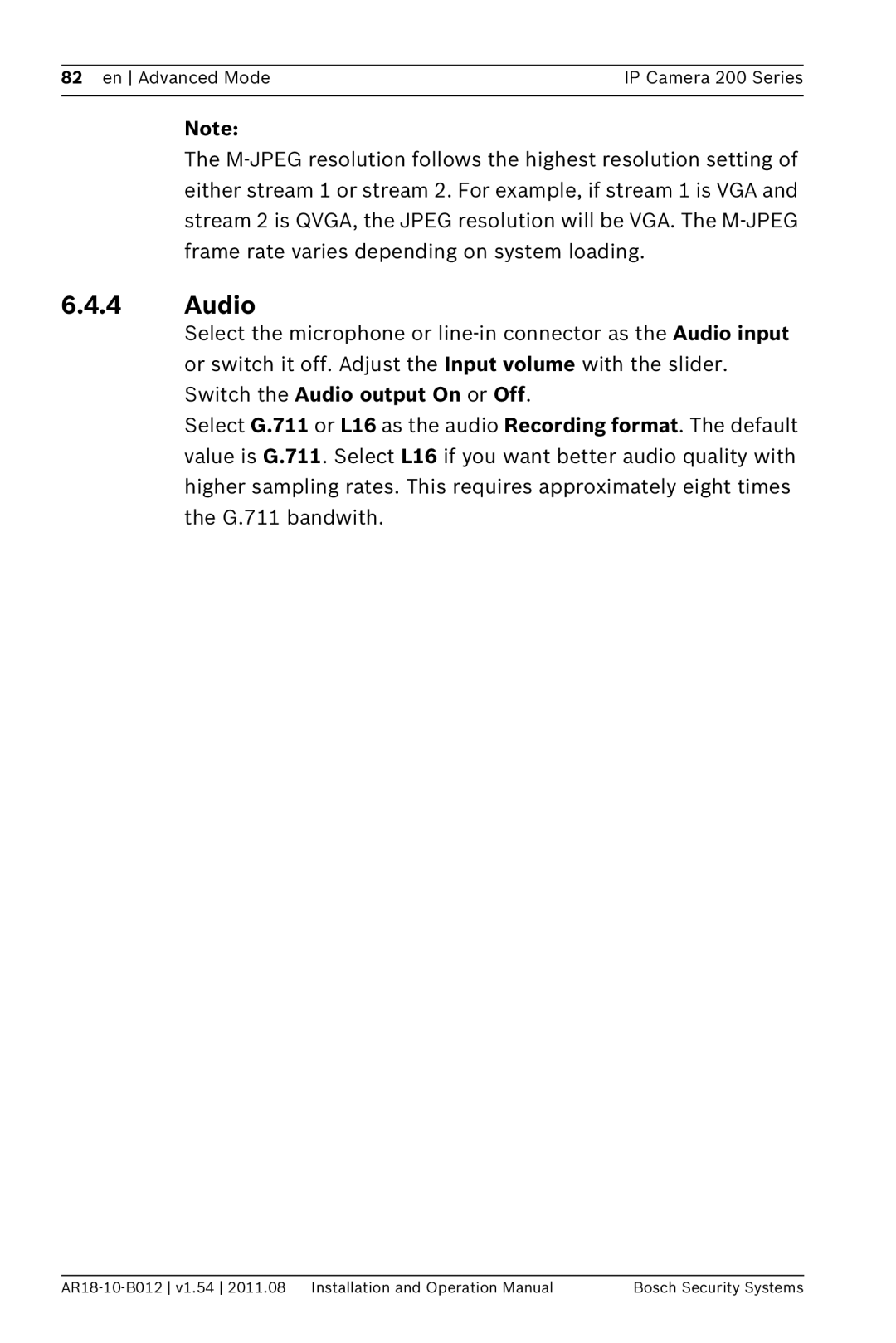 Bosch Appliances NBC-265-W operation manual Audio 