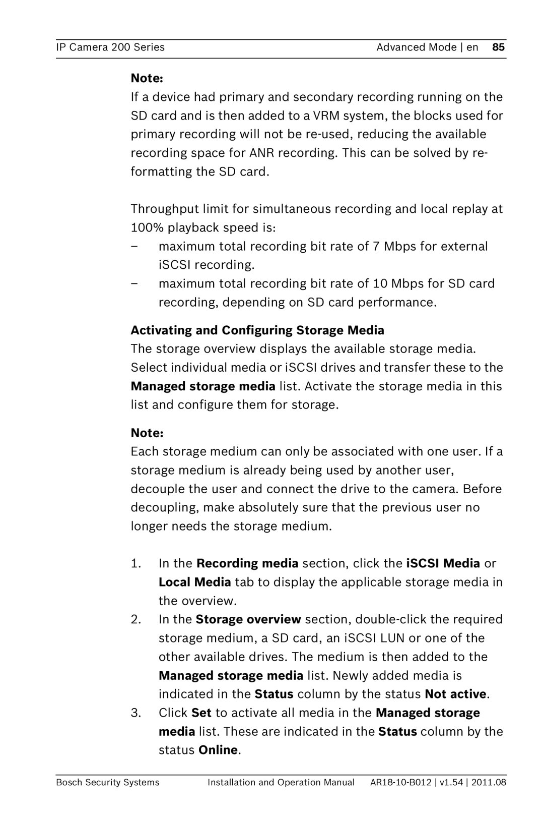 Bosch Appliances NBC-265-W operation manual Activating and Configuring Storage Media 