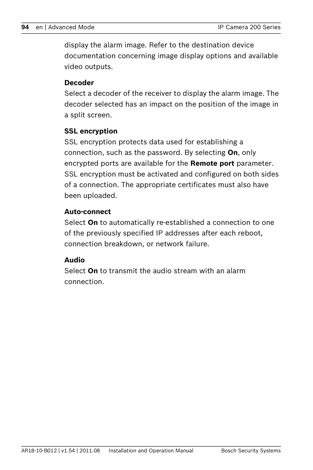 Bosch Appliances NBC-265-W operation manual Decoder, SSL encryption, Auto-connect 