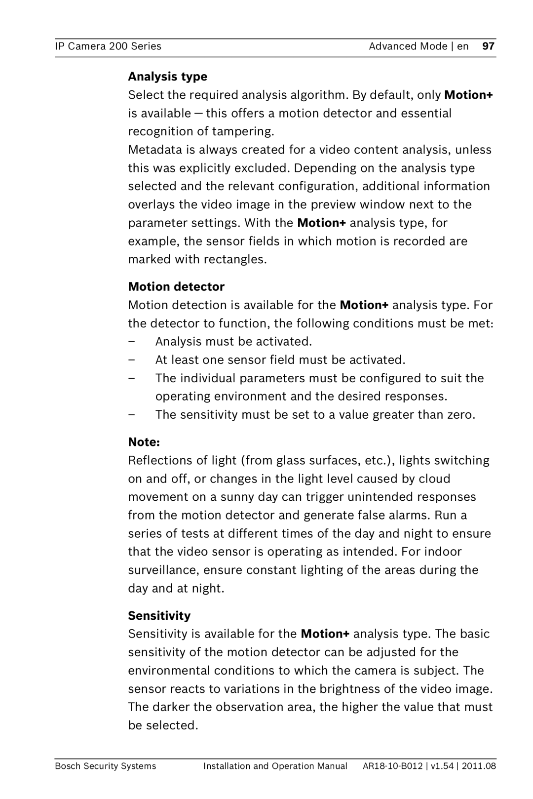 Bosch Appliances NBC-265-W operation manual Analysis type, Motion detector, Sensitivity 