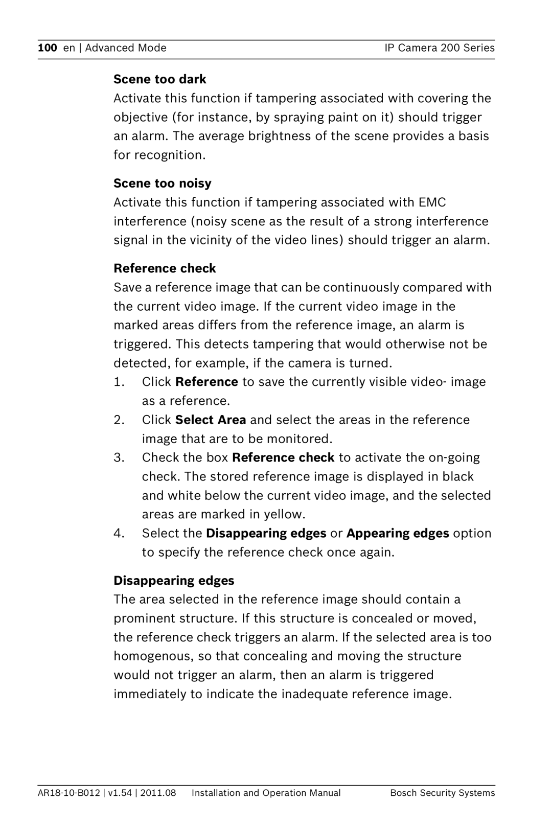 Bosch Appliances NBC-265-W operation manual Scene too dark, Scene too noisy, Reference check 